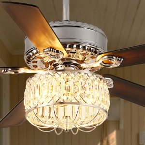 Kviflon 52" Farmhouse Ceiling Fan with Lights & Remote, Crystal Chandelier, Wood Blades, Quiet Motor, 6-Speed, Timer, Modern Lighting for Living Room, Bedroom, Dining Room, Chrome Finish