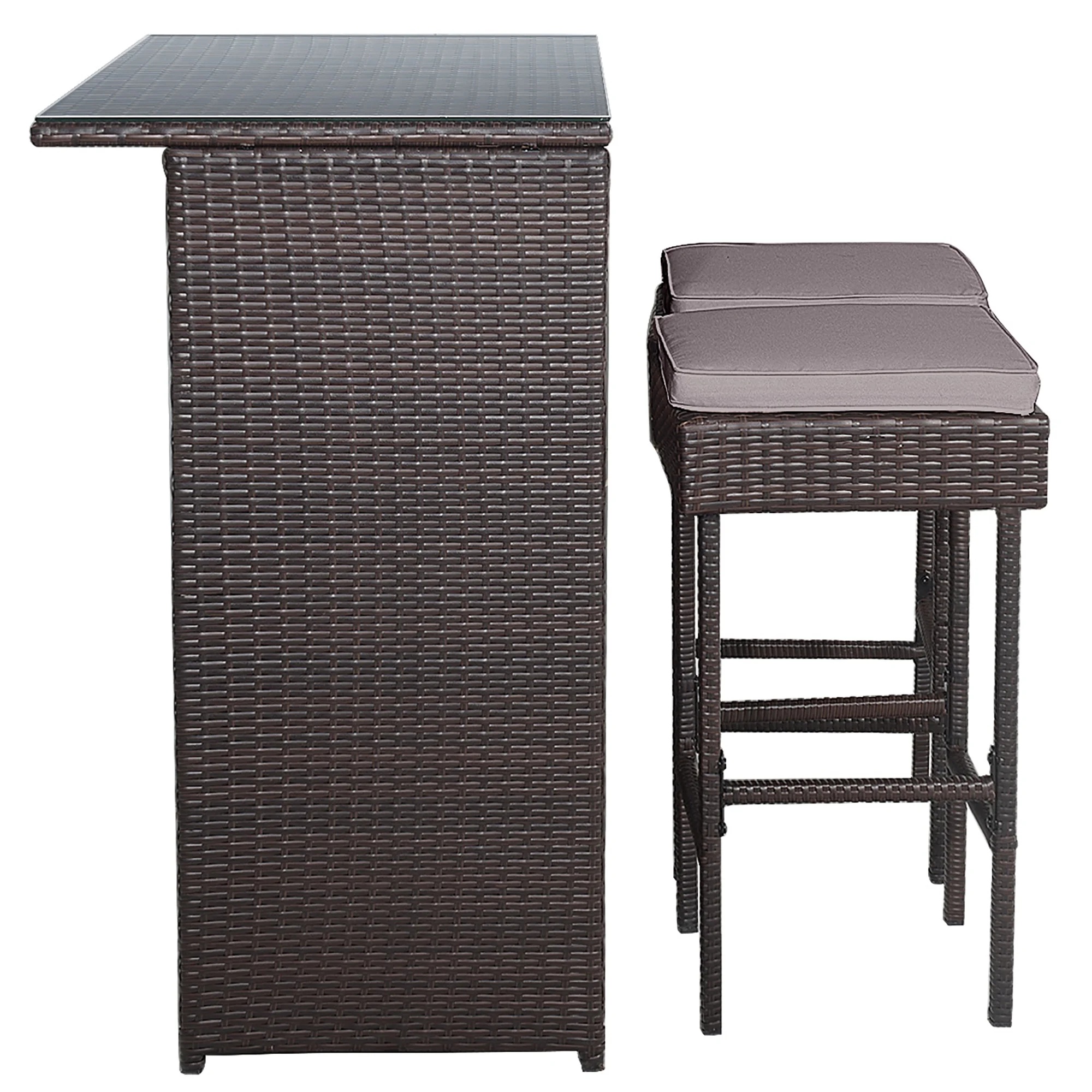 Costway Patio 3PCS Rattan Bar Table Stool Set Cushioned Chairs with Gray & Off white Cover - Image 12