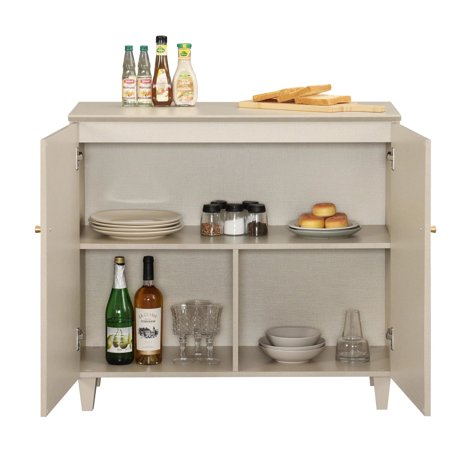 Sideboard Buffet Server Cabinets with Doors, 70.8" Kitchen Wood Coffee Bar Table, 2 -In-1 Storage Cabinets with 6 Compartments for Dining Room, Living Room, Entryway, Beige Faux Linen Textured Finish - Image 6