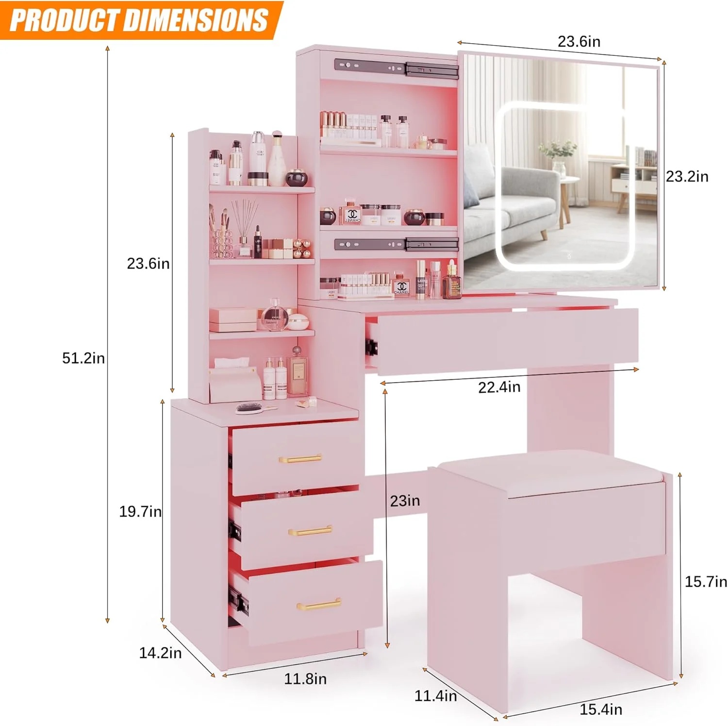 Vanity Desk with Sliding Mirror and Lights, Makeup Vanity Set with Power Outlet, 4 Drawers, Stool, Open Shelves, 3 Color Lighting Modes, Brightness Adjustable, Makeup Dressing Table for Bedroom - Image 12