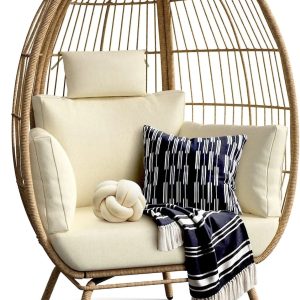 Dextrus Wicker Egg Chair Outdoor Indoor Oversized Lounger with Stand and Cushions Egg Basket Chair for Patio Backyard Porch - Beige