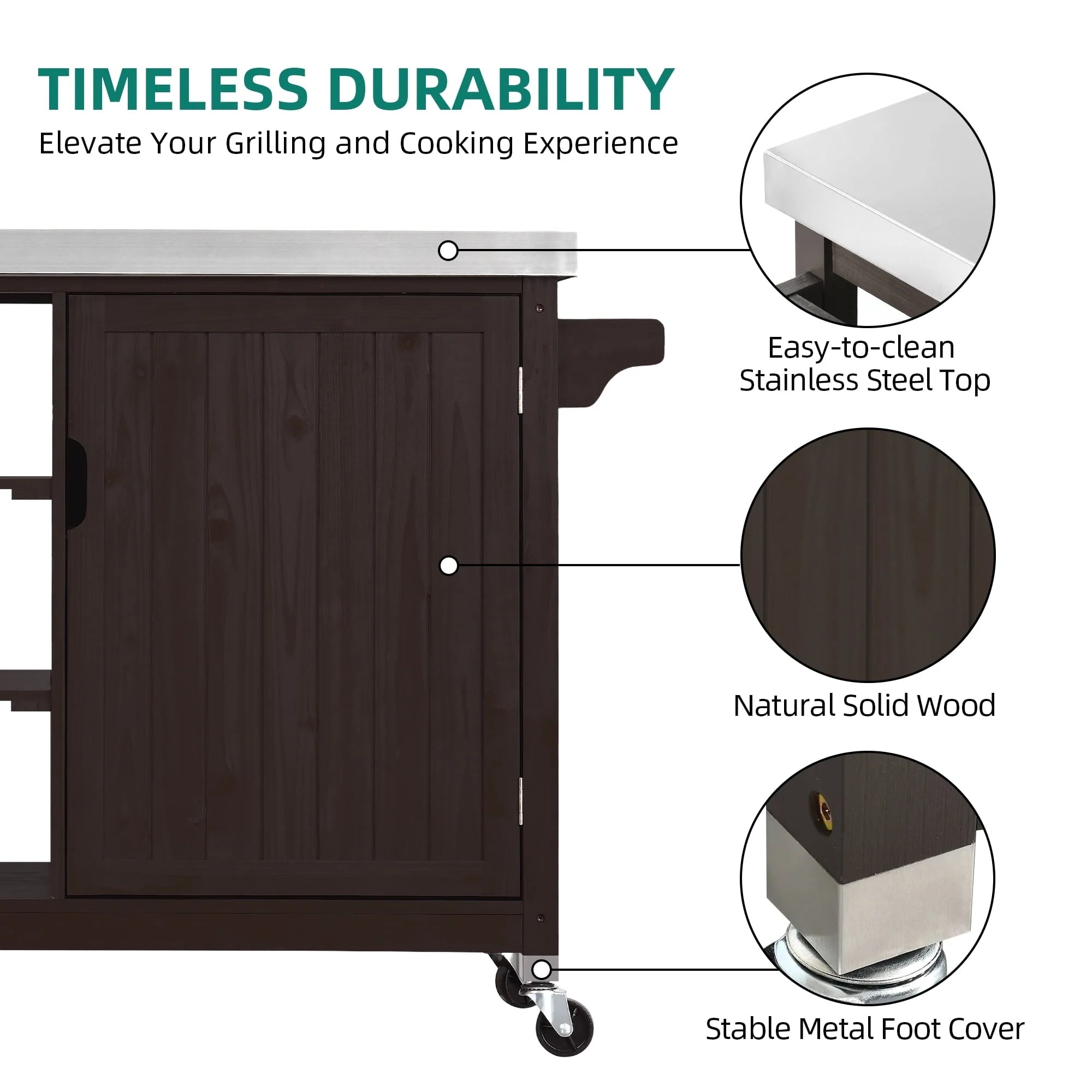 Dextrus Grill Carts Outdoor With Storage Cabinet and Wheels, Solid Wood Movable Dining Cart Table,with Stainless Steel Top, Spice Rack, and Side Handle, Kitchen Island with Storage or Bar Cart, Brown - Image 7