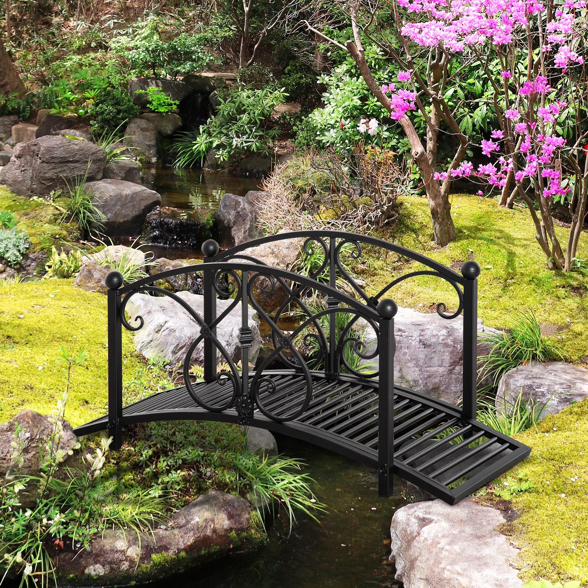 Outsunny 3.3FT Metal Arch Zen Garden Bridge with Safety Siderails, Decorative Footbridge, Delicate Floral Scrollwork for Stream, Fish Pond, Brown - Image 15