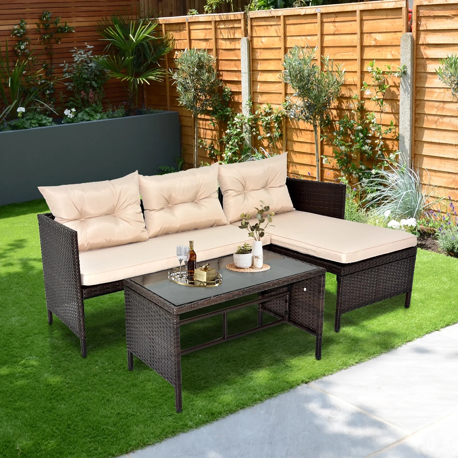 Outdoor Patio Furniture Set of 3, Rattan Wicker Outdoor Swivel Glider Rocker w/Table and Cushions, Brown - Image 4