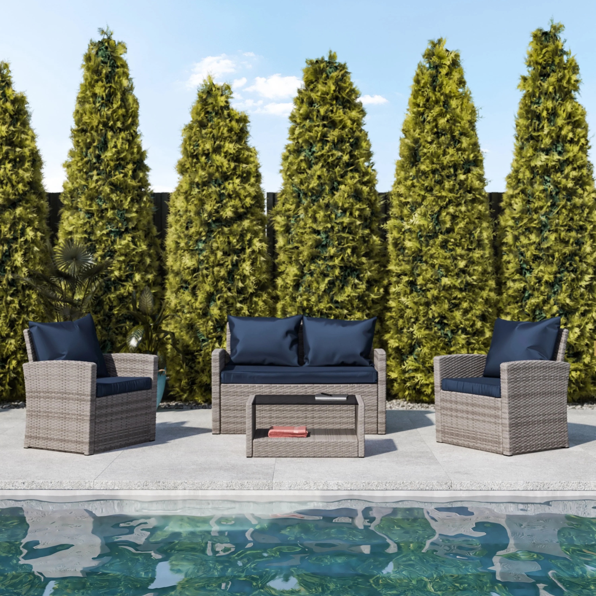 Flash Furniture Aransas Series 4 Piece Light Gray Patio Set with Navy Back Pillows and Seat Cushions - Image 3