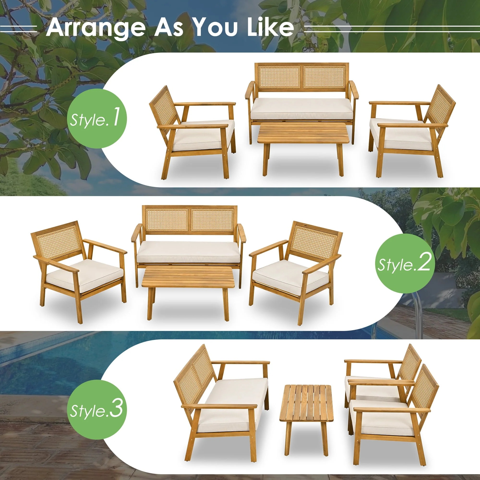 4 Piece Outdoor Patio Furniture Sets All Weather Outdoor Sofa PE Garden Furniture Wicker Rattan Patio Conversation Set with Glass Table & Beige Cushions - Image 5
