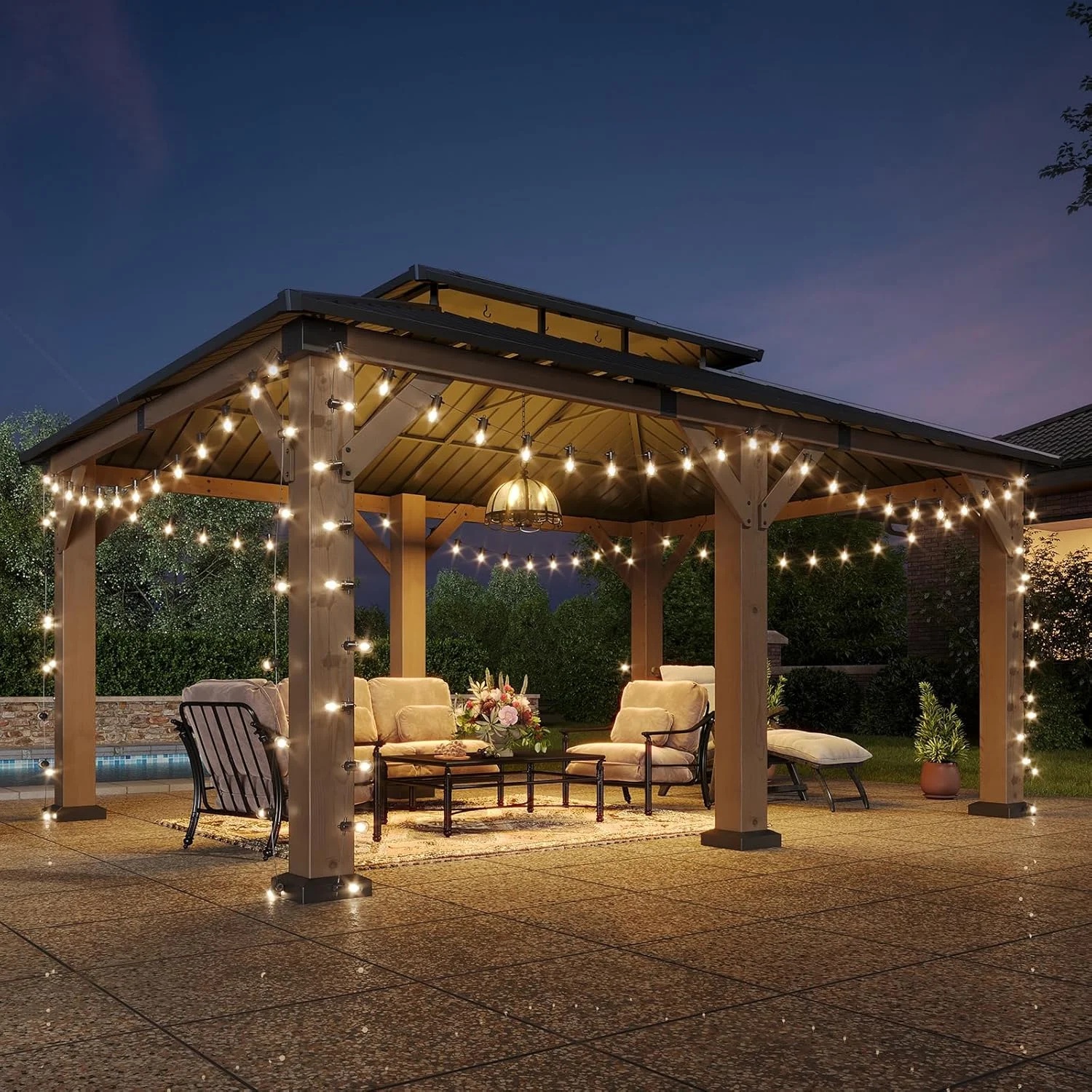 Aoxun 12' x 16' Outdoor Wood Gazebo, Hardtop Gazebo Permanent Wooden Pavilion with Galvanized Steel Double Roof, for Patio, Garden, Backyard, Cedar Wood - Image 12