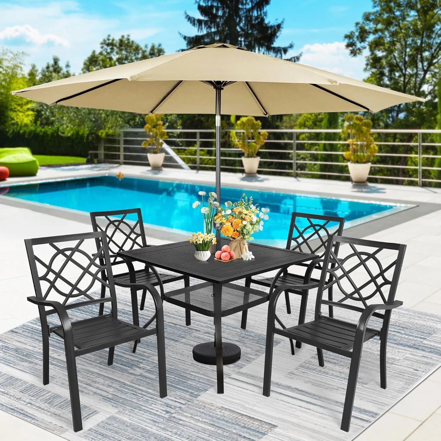 SUNCROWN 7-Piece Outdoor Wrought Iron Chairs and Table Patio Dining Furniture Set - 6 Stackable Metal Chairs, 1 Steel Slat Bistro Table and 1 Brown 9Ft Patio Umbrella for Garden Backyard Deck - Image 81