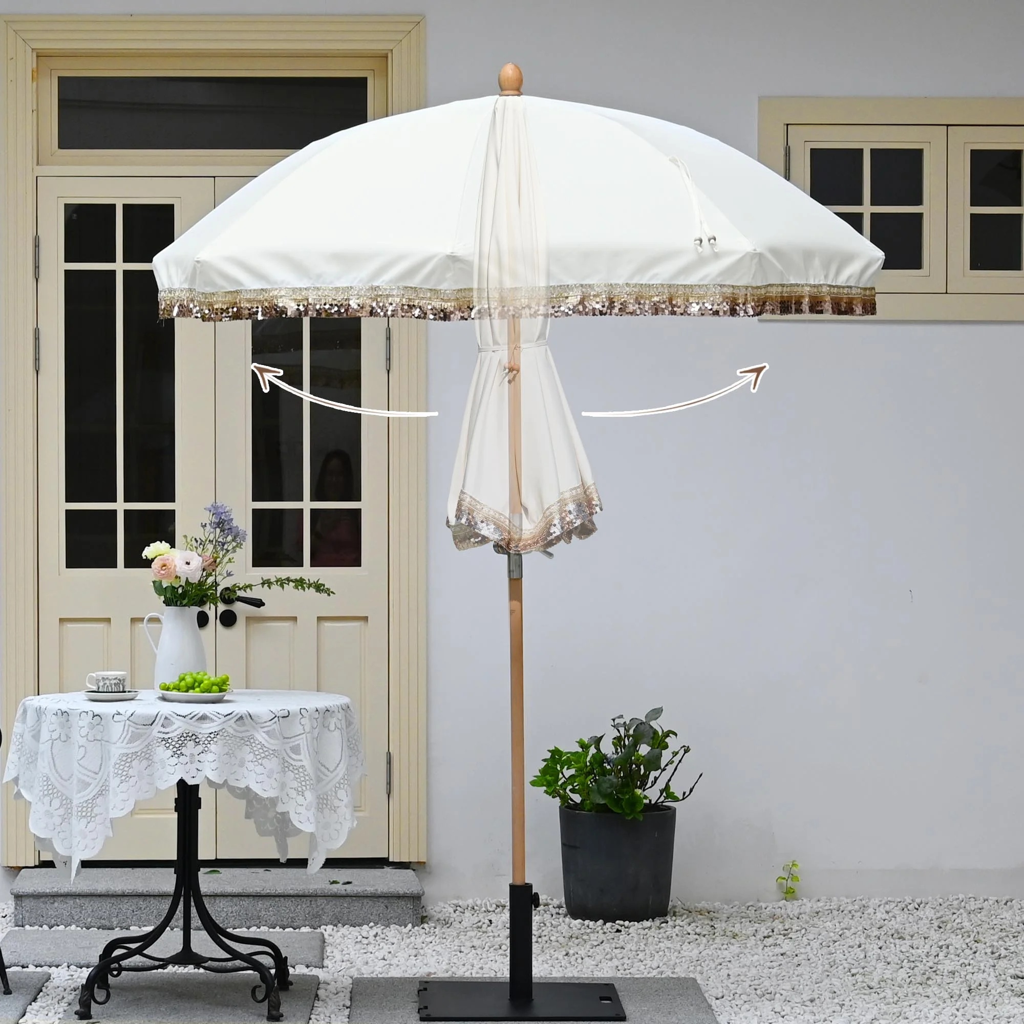 LAGarden 6 Ft Fringe Patio Umbrella with Tassel Jazz Age Wood UPF50+ for Outdoor, Beige with gold tassel,Model: JZ6-01 - Image 31