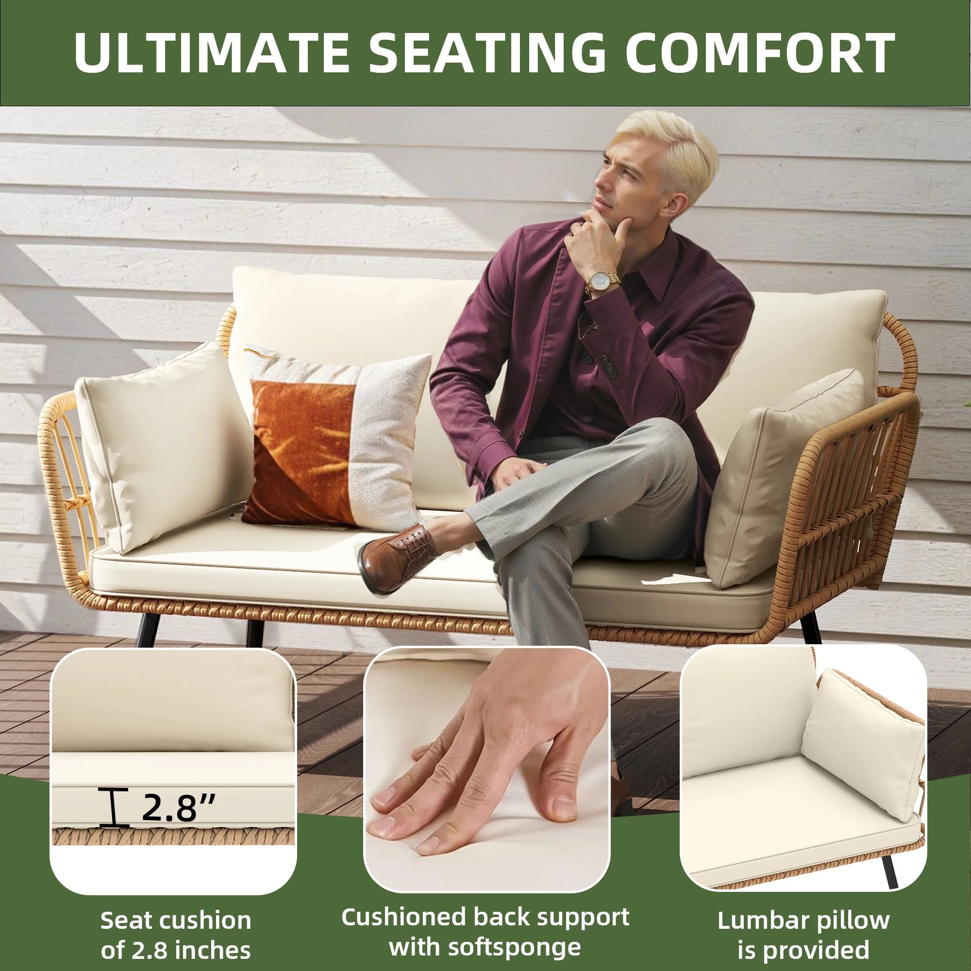 Uforic Outdoor Wicker Loveseat with Cushions and Rattan Side Table, All-Weather 2 Pieces Bistro Patio Conversation Furniture Set -Beige - Image 31