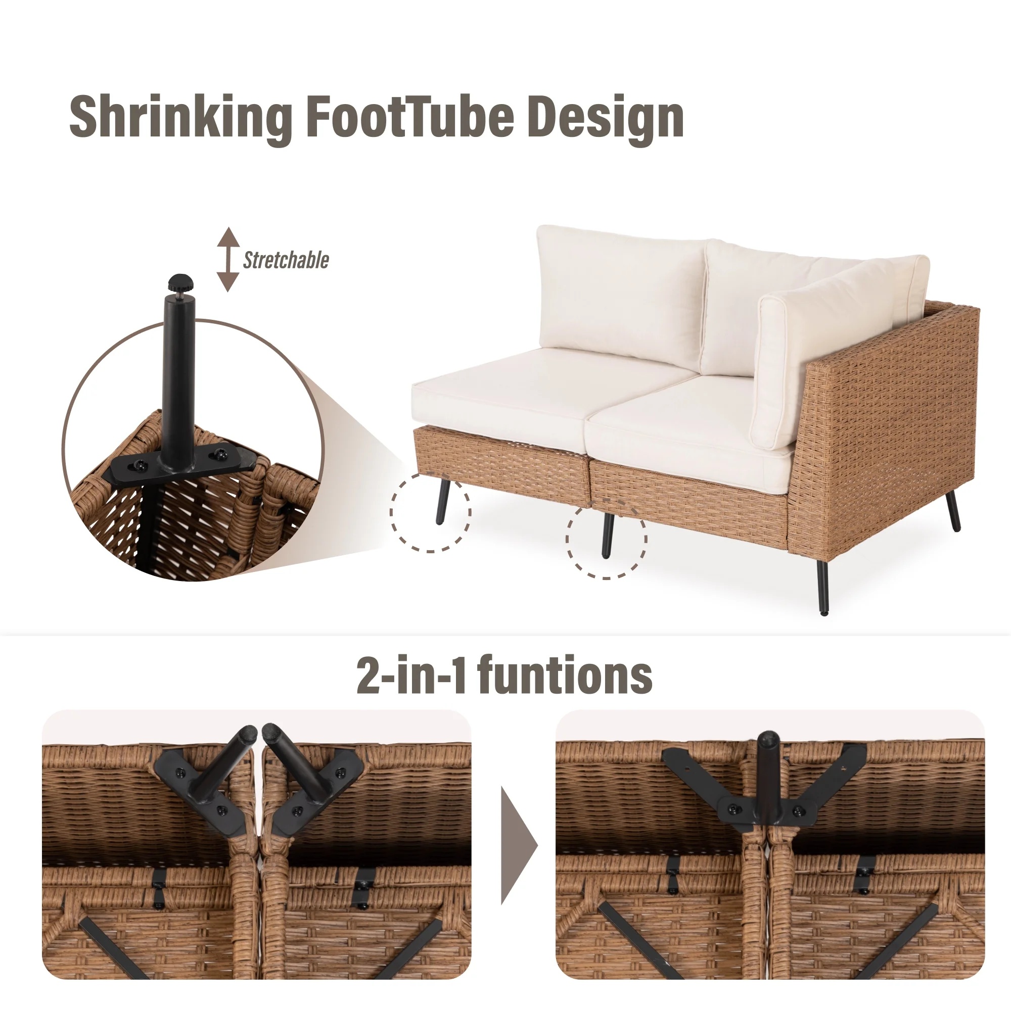 LAUSAINT HOME 6 Pieces Outdoor Furniture Set, Patio Rattan Wicker Sectionals with 4 Chairs and 2 Ottomans, Beige Cushions - Image 8
