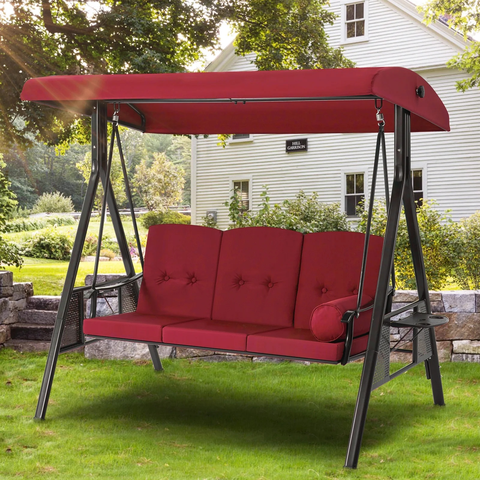 AECOJOY 3 Persons Outdoor Patio Canopy Steel Porch Swing Chair-Beige, Porch Swing - Image 32