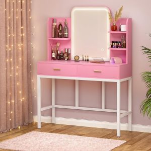 iSunirm Vanity Desk with Mirror and Lights, Makeup Vanity with 2 Drawers, Vanity Table Set with 3 Color Adjustable Lighting Options, Modern Dressing Table with Shelf, for Bedroom, Pink