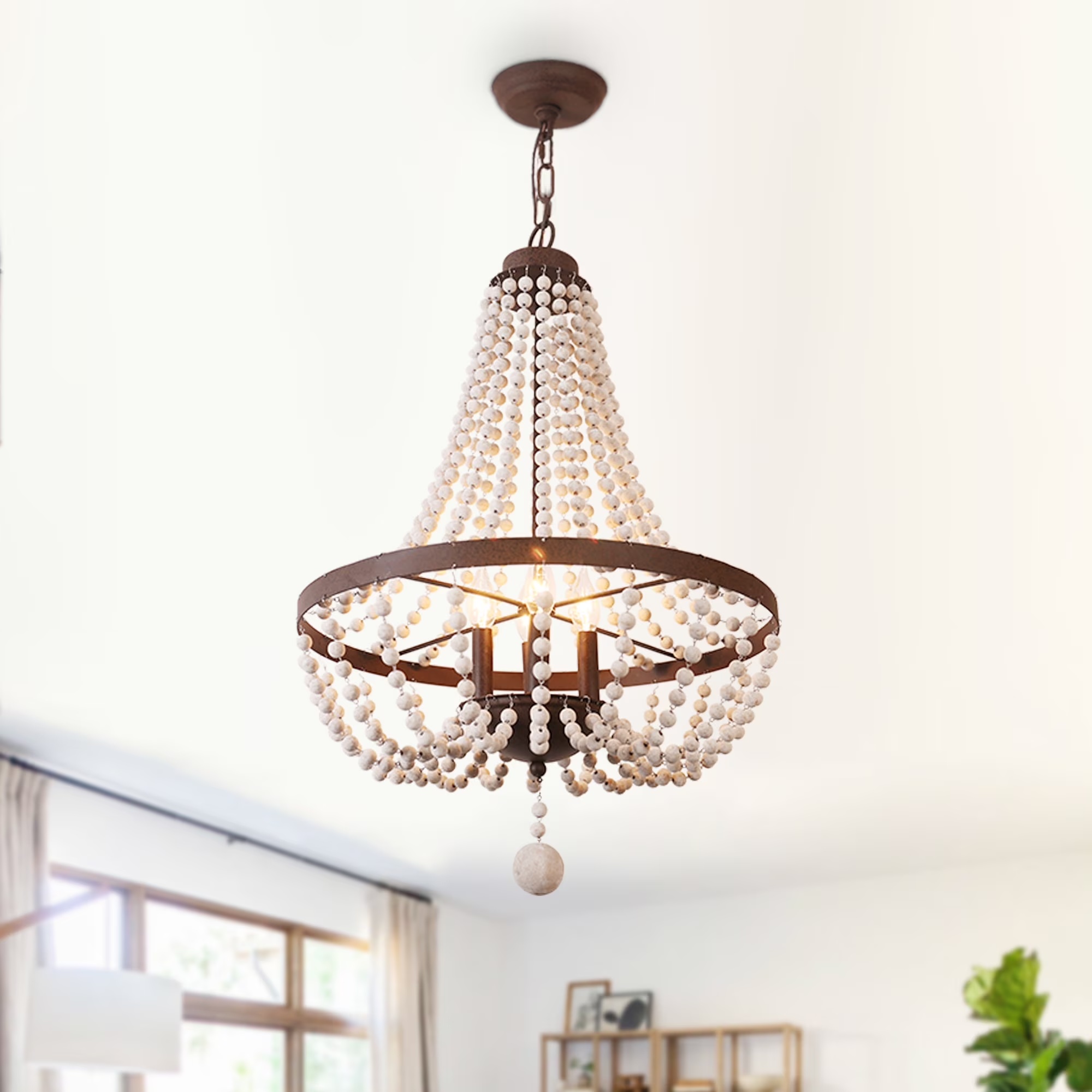 Oaks Aura 4-Light Farmhouse Wood Beaded Chandelier Adjustable Height Black Finish Boho Pendant Lighting - Image 5