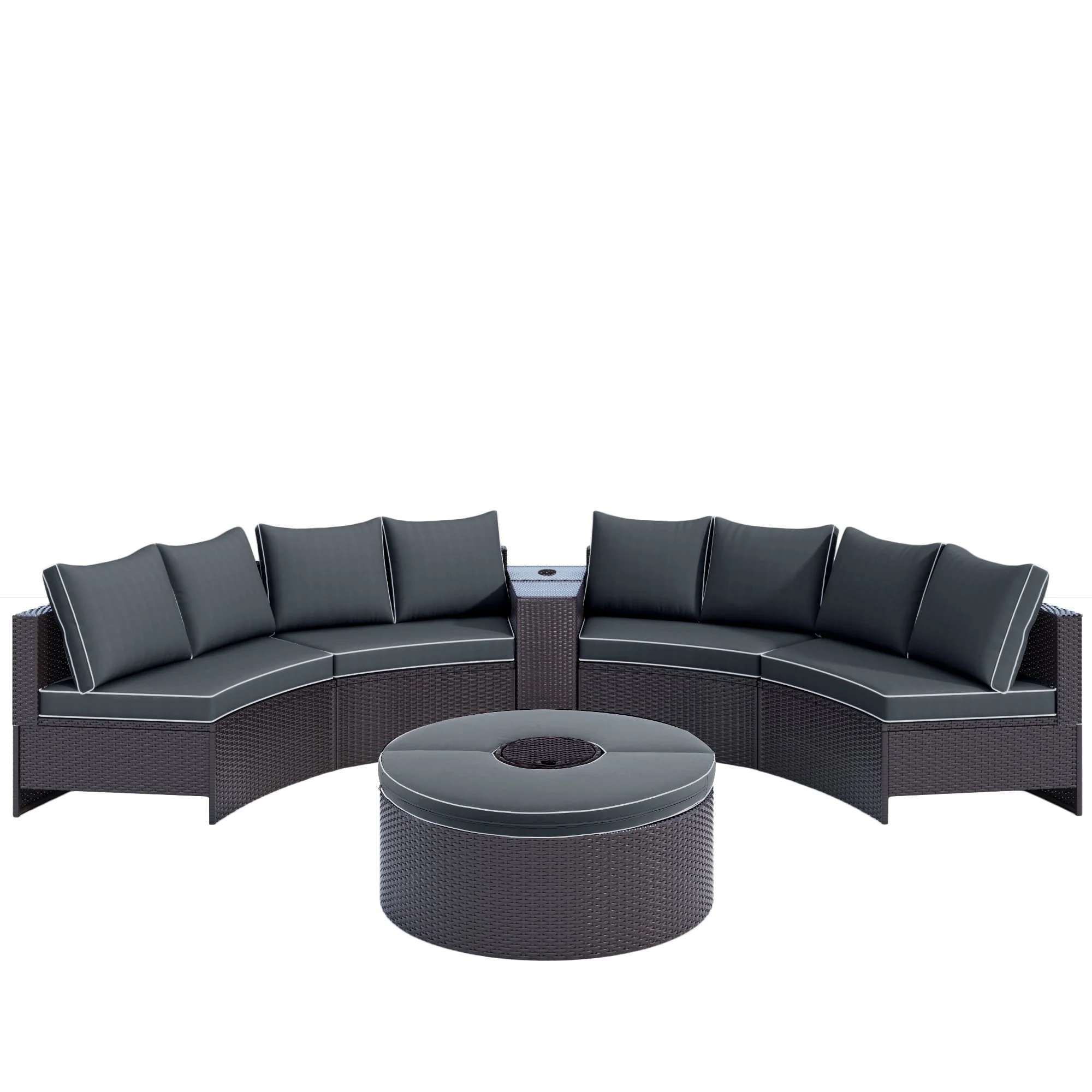 BTMWAY 6 Piece Outdoor Patio Sofa Furniture Set, BTMWAY PE Wicker Half Moon Outdoor Sectional Sofa Set with Side Table for Umbrella, Multifunctional Round Table, Gray Cushions, Pillows, Brown Rattan - Image 3
