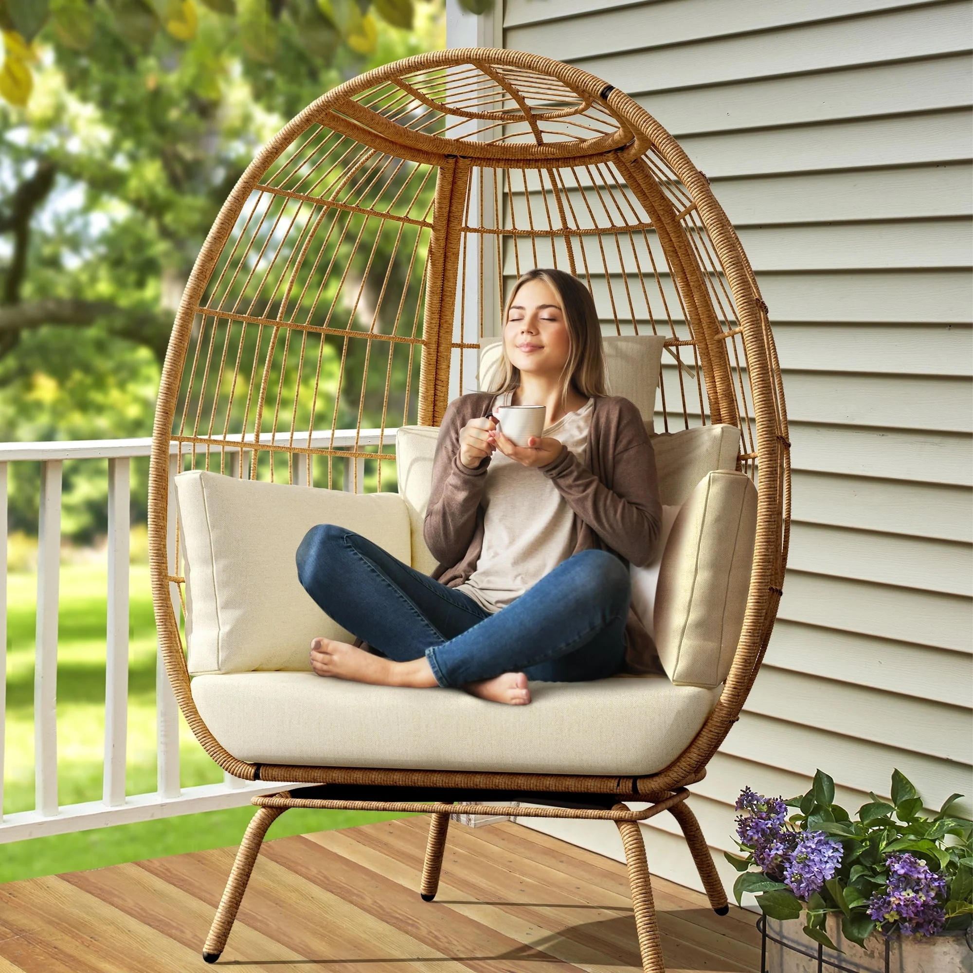 DWVO Wicker Egg Chair, Oversized Indoor Outdoor Lounger for Patio, Backyard, Living Room, Beige - Image 5