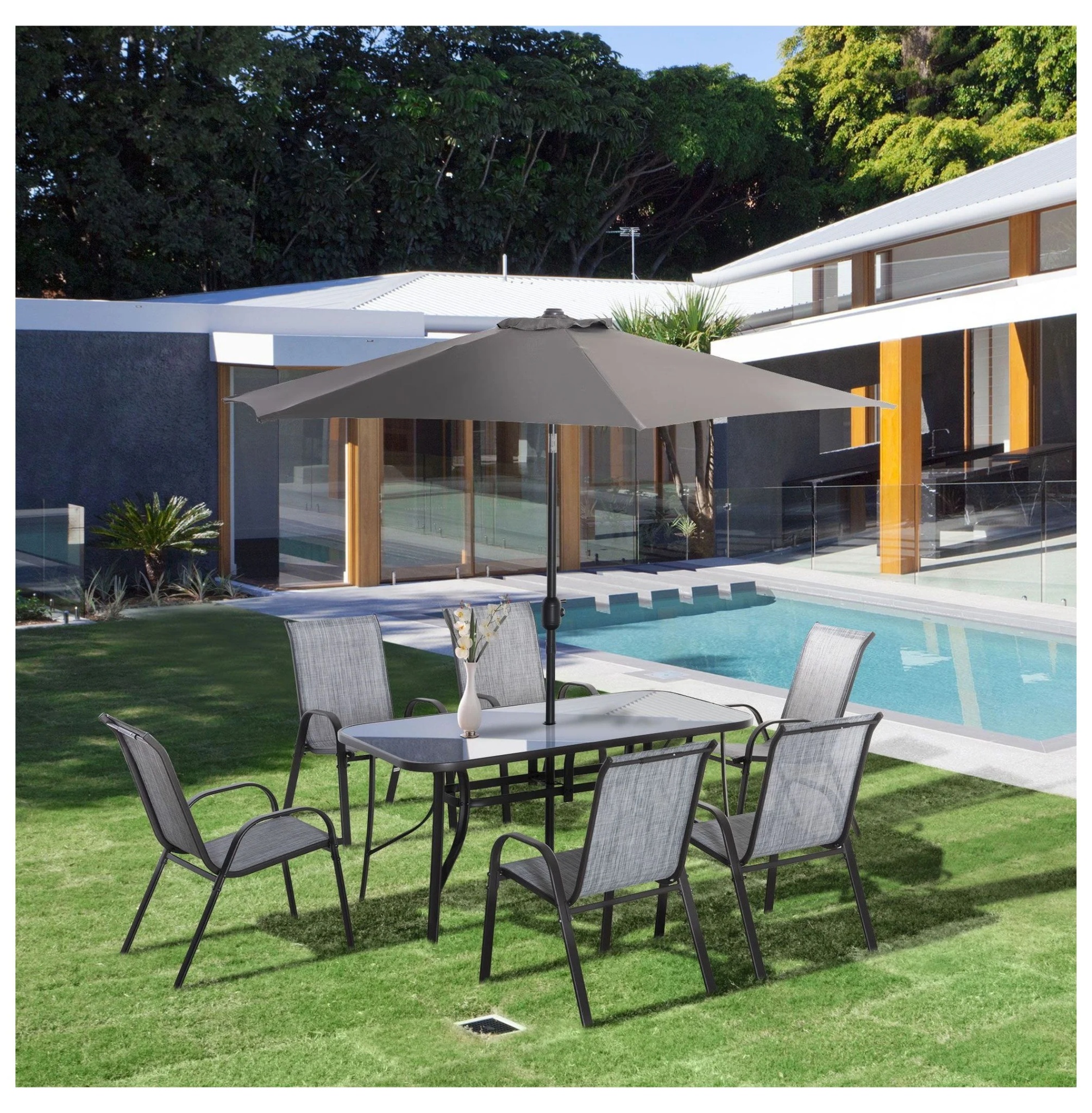 8-Piece Outdoor Dining Set with Umbrella, Patio Table and Chairs, Fast-Dry Fabric, 6 Chairs, Grey - Image 2