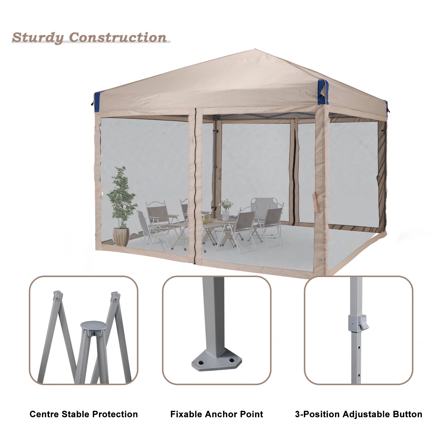 YUONAO 10x10 ft Pop Up Canopy Tent with Mesh Sidewalls, Portable Outdoor Shade Tent, Waterproof UV-Resistant Folding Gazebo for Backyard, Patio, Camping, Party(Beige) - Image 11