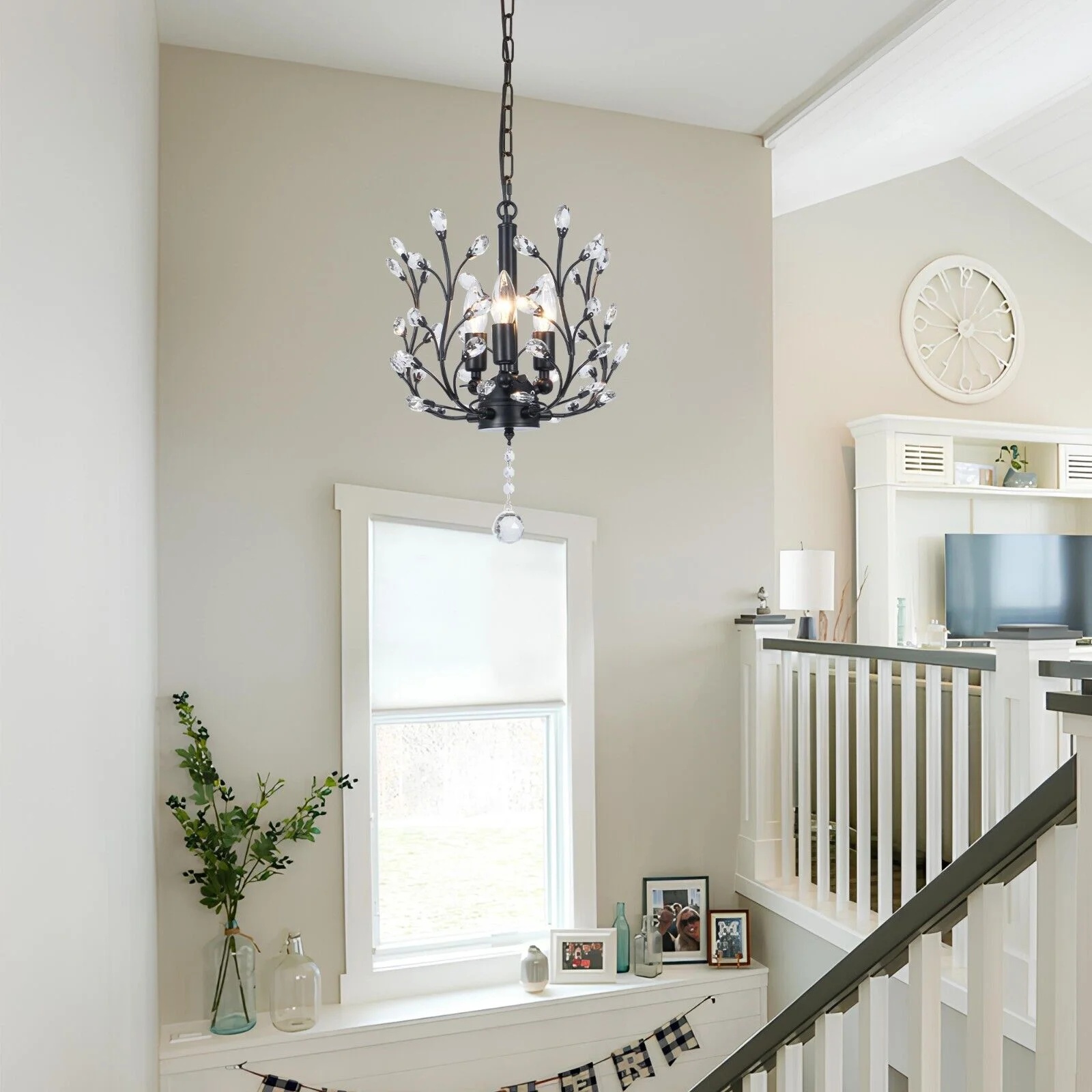 FINE MAKER 18-inch branch flower-shaped crystal chandelier, 3-head living room chandelier, bedroom study lighting fixture (black) - Image 9