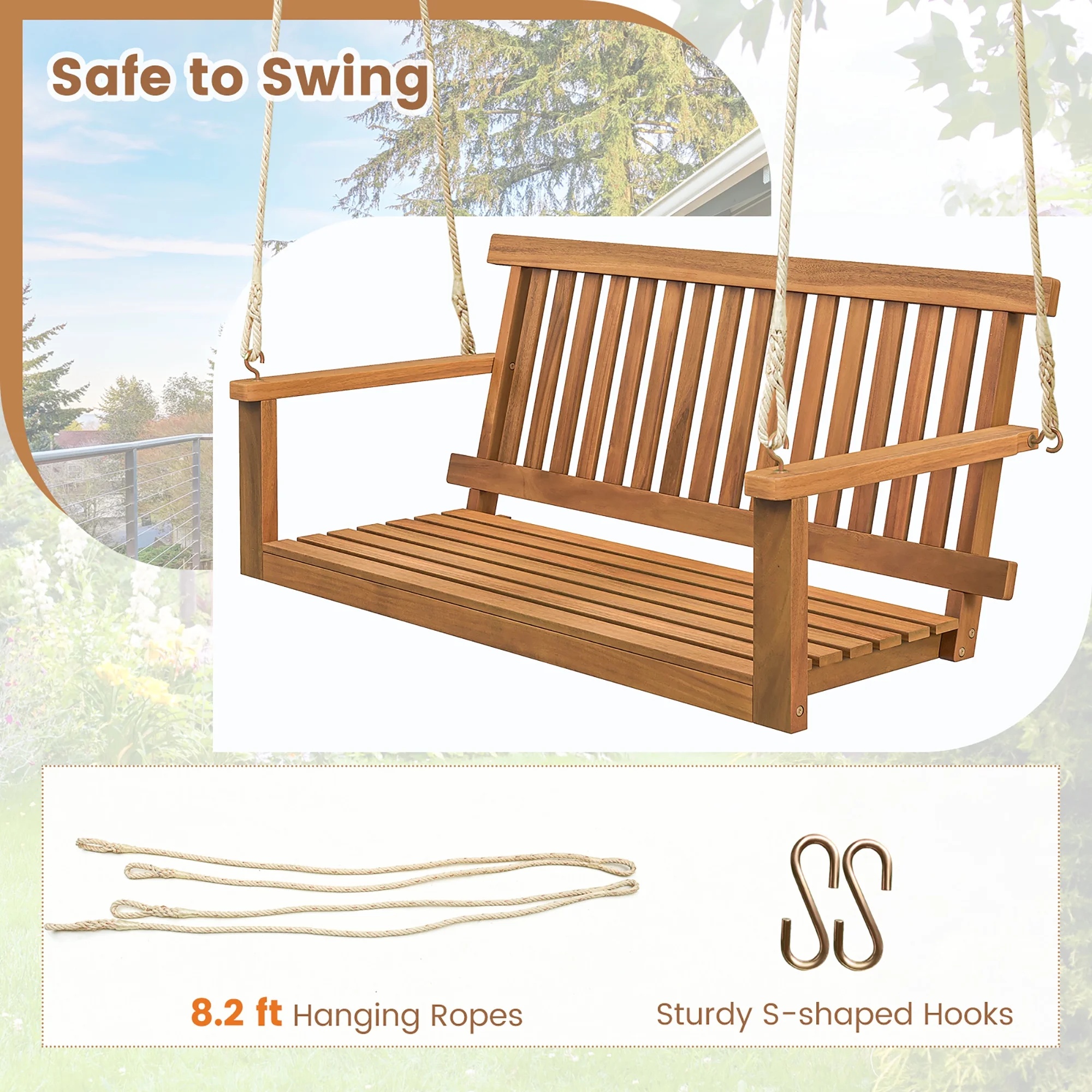 Gymax 2-Person Acacia Wood Outdoor Porch Swing Patio Hanging Bench Chair Natural - Image 6