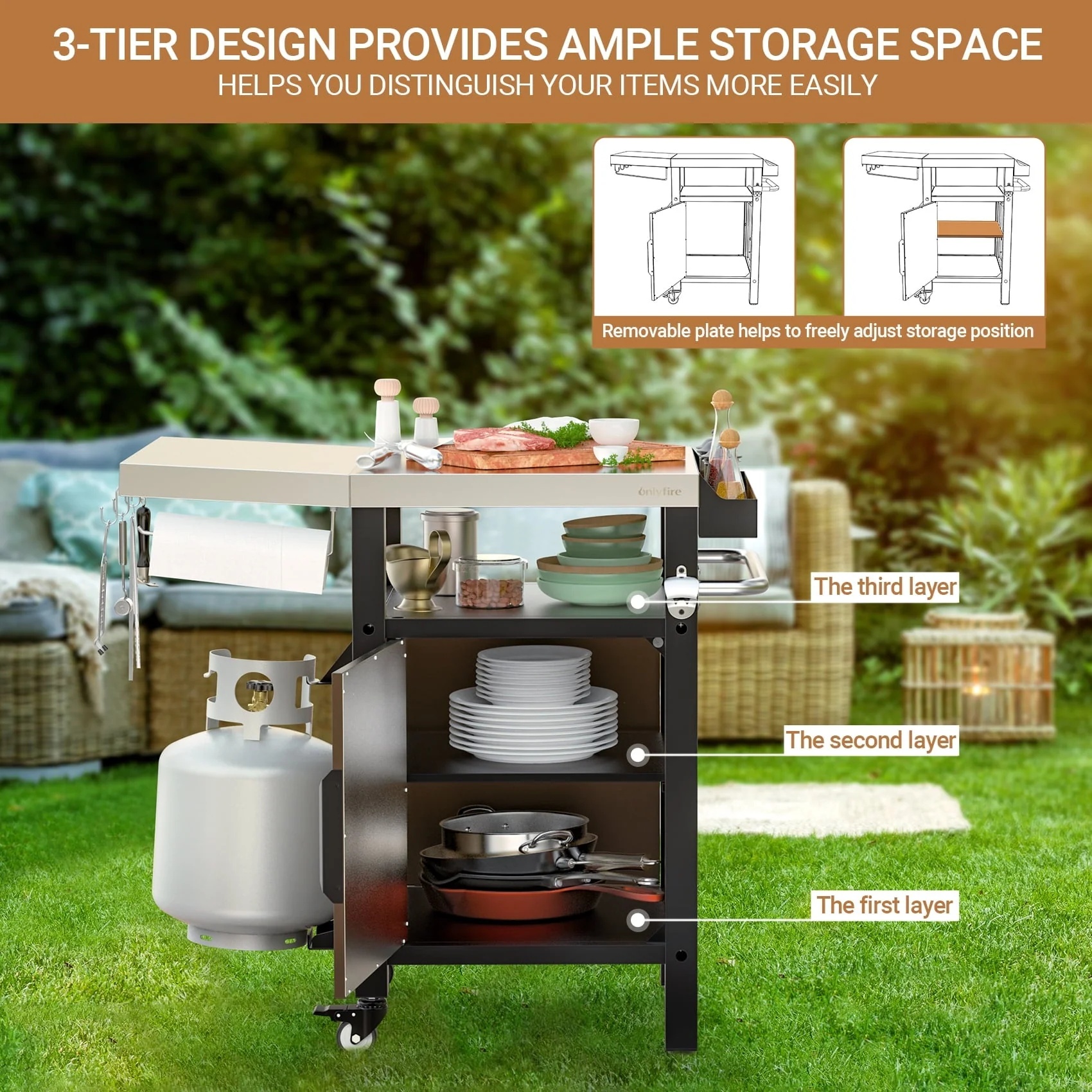 Only Fire Outdoor Grill Cart with Storage, Side Shelf & Wheels, Stainless Steel, 35"L×22"W×36"H - Image 7