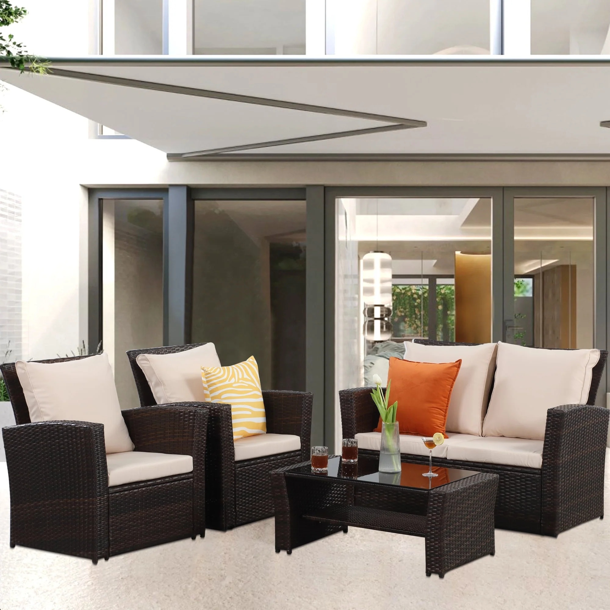 Superjoe 4 Pcs Outdoor Patio Furniture Sets, Wicker Rattan Conversation Set with Coffee table, Brown - Image 8
