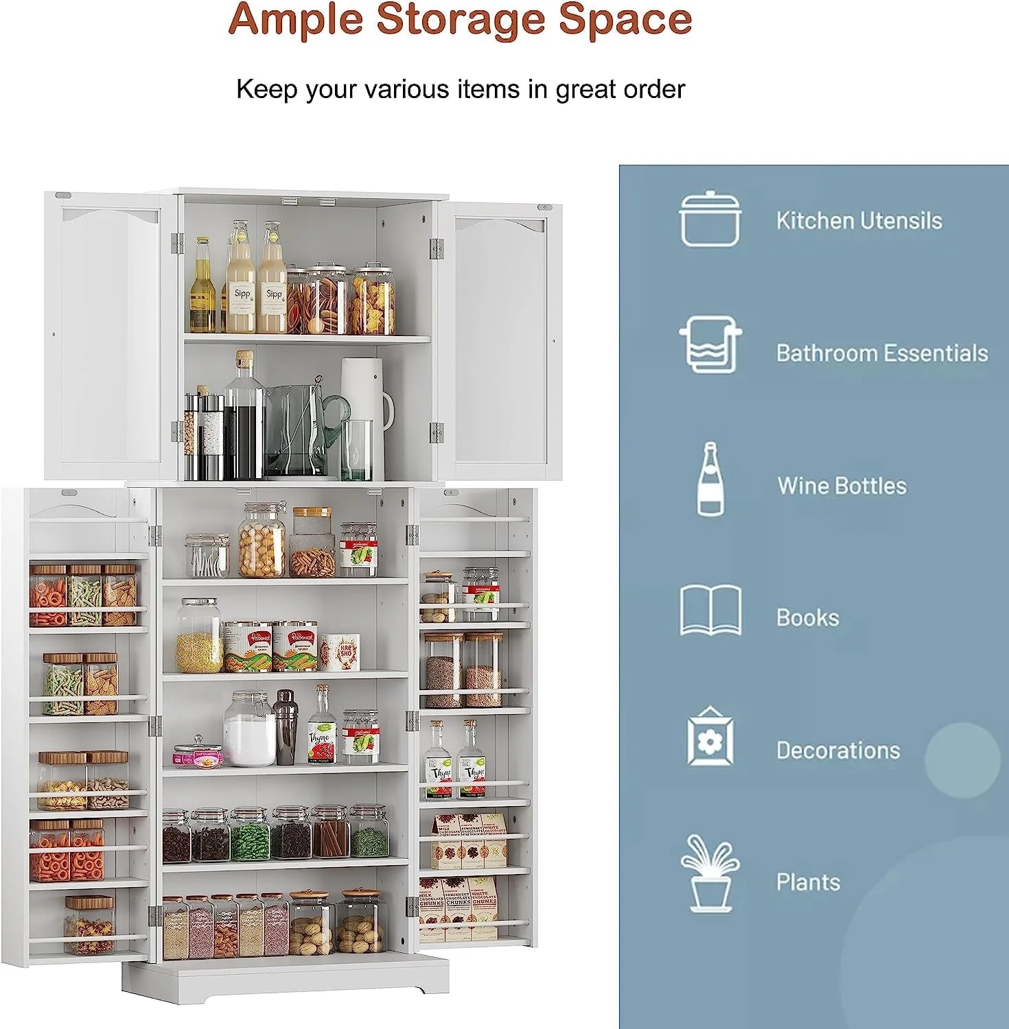 HOMEFORT 64" Kitchen Pantry Cabinet, Modern Tall Cabinet with MDF board and Adjustable Shelves, Freestanding Utility Storage Cabinet Cupboard for Kitchen, Living Room, Dining Room, White - Image 3