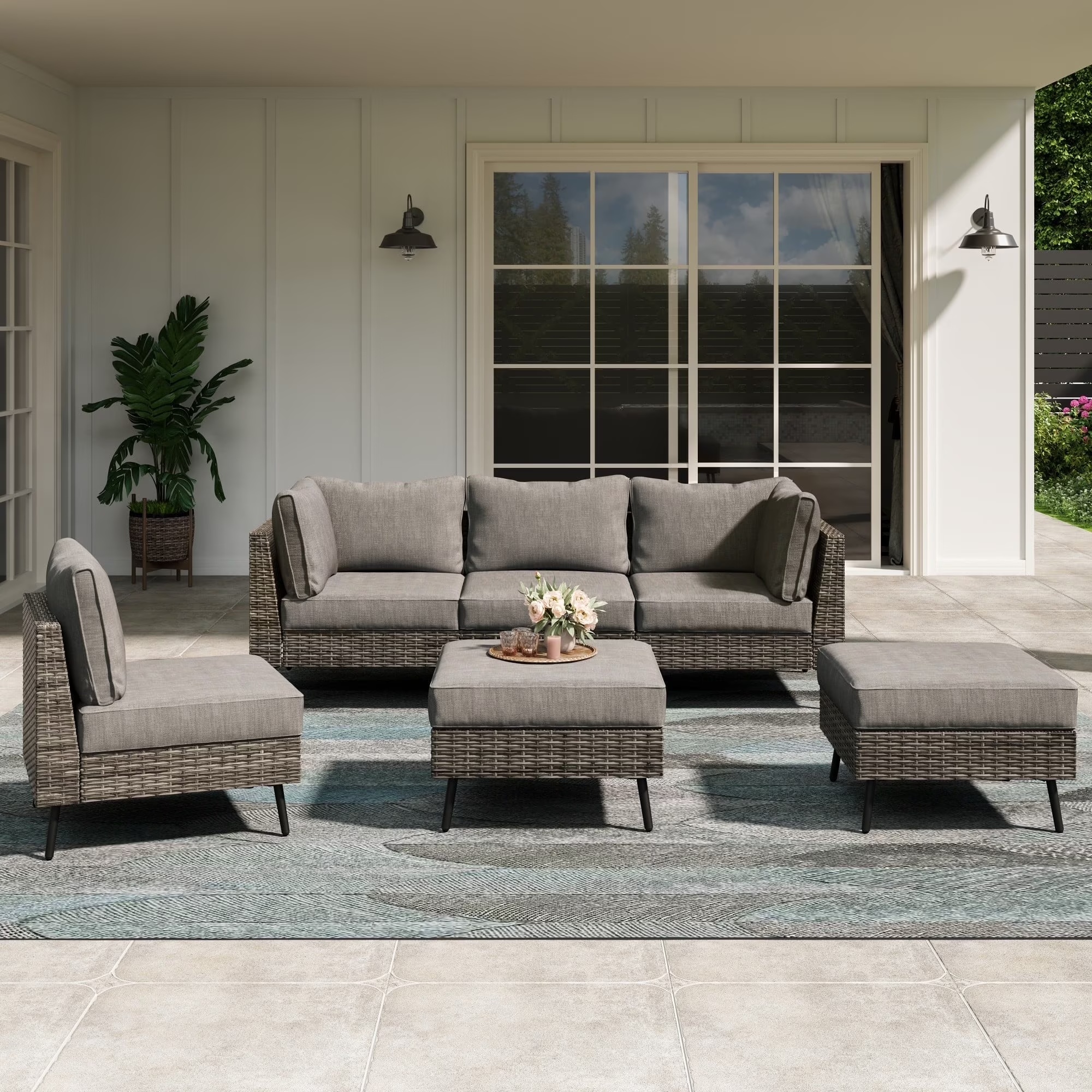 LAUSAINT HOME 6 Pieces Outdoor Furniture Set, Patio Rattan Wicker Sectionals with 4 Chairs and 2 Ottomans, Beige Cushions - Image 7