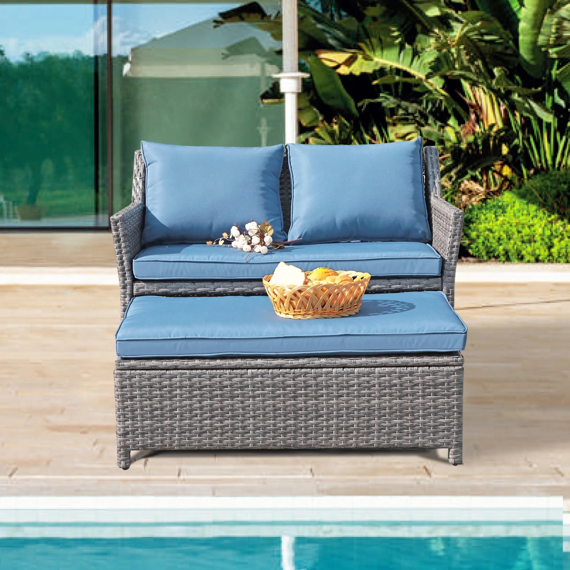 Outdoor Wicker Love Seat and Coffee Table Set, Weather Resistant Grey Rattan, Patio Furniture with Gray Cushions & Storage Bin - Image 11