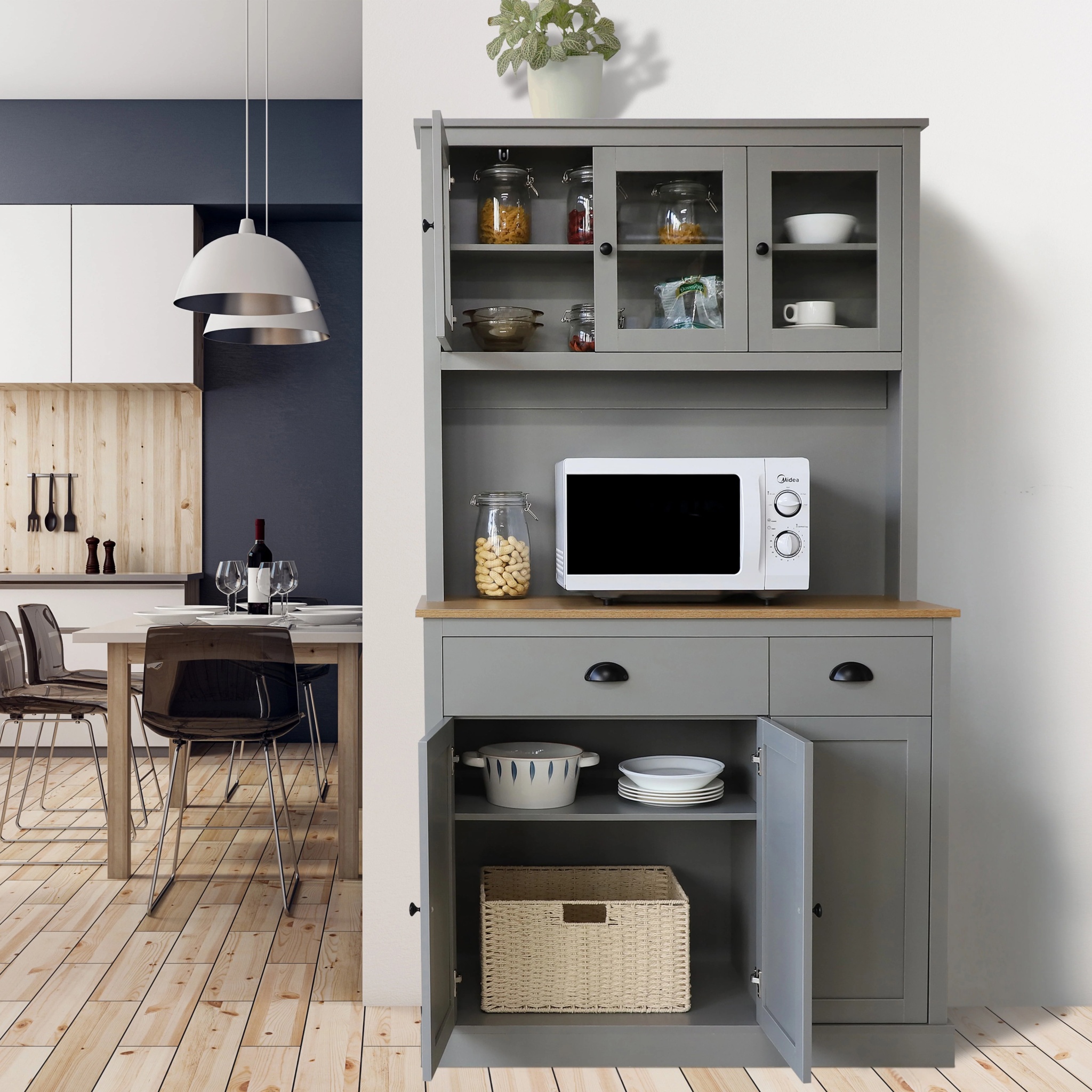 VEIKOUS 71'' Kitchen Pantry Hutch Cabinet, Pantry Storage Hutch w/Microwave Stand and Buffet Cupboard, Gray - Image 2
