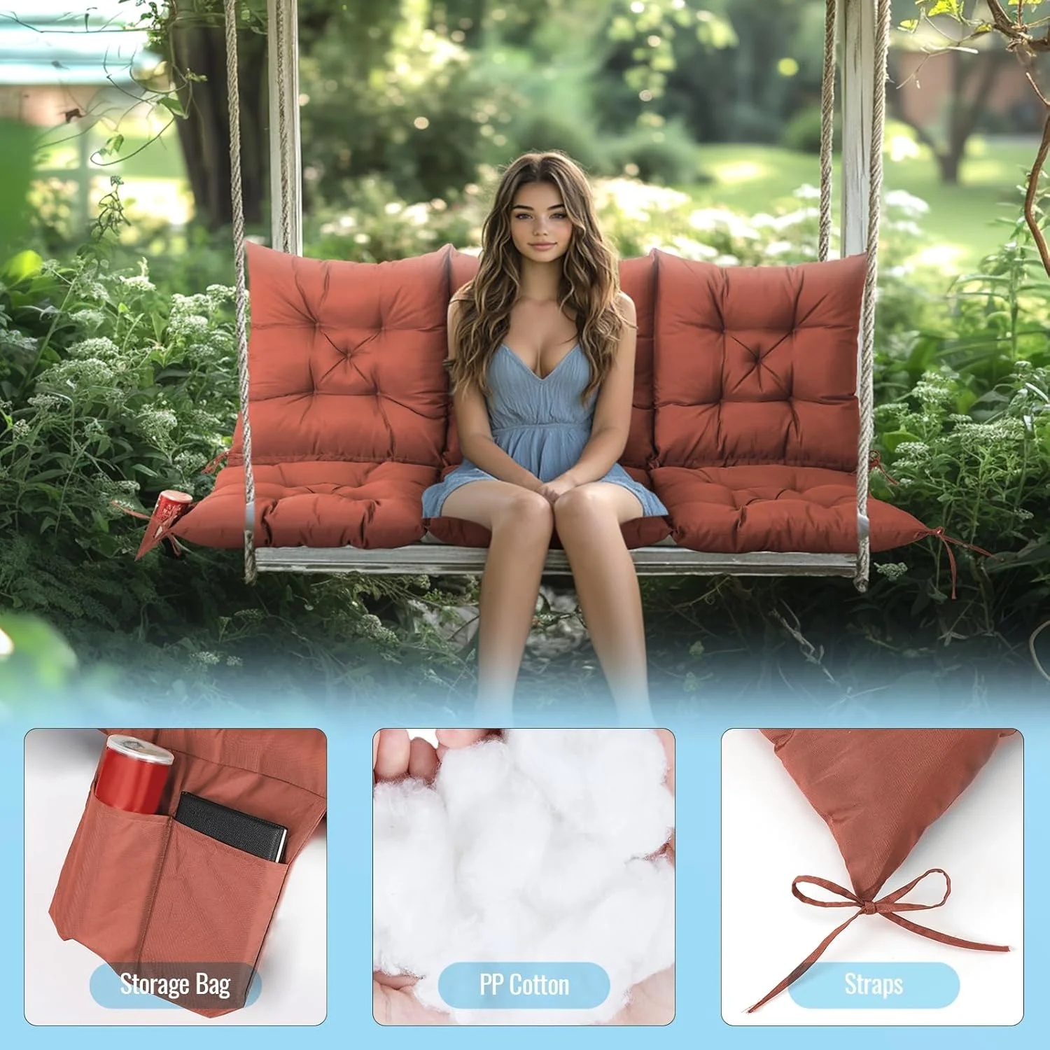 NACATIN 3 Seat Cushion for Outdoor Swing - 60x40 inches, 4" Thick Porch Swing Cushions with Ties and Storage Bag, Waterproof Bench Replacement Cushions for Patio, Outdoor, Backyard and Garden (Khaki) - Image 13