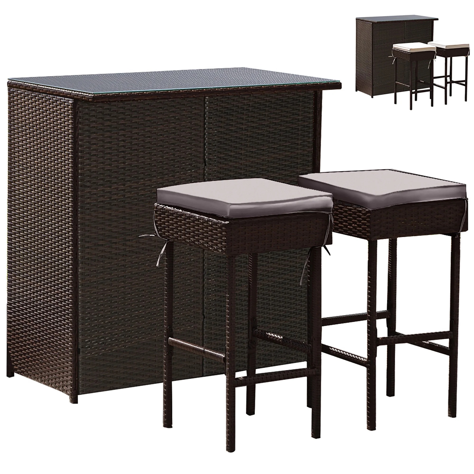 Costway Patio 3PCS Rattan Bar Table Stool Set Cushioned Chairs with Gray & Off white Cover - Image 2
