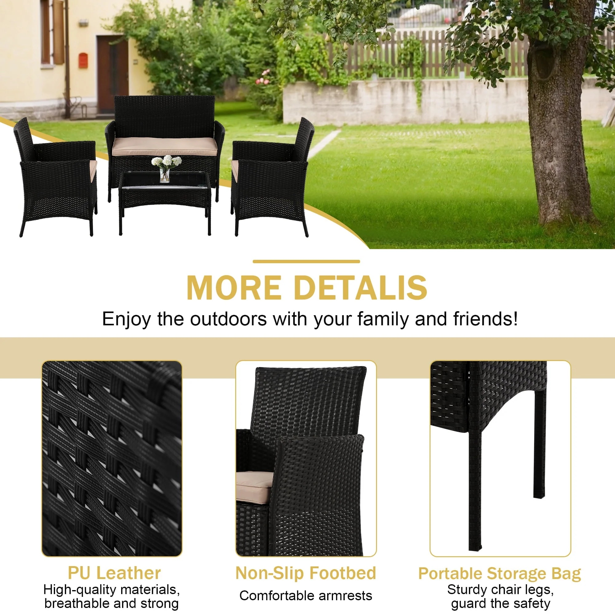 YRLLENSDAN Patio Furniture Set 4 Piece, Wicker Sofa Set Rattan Chair Outdoor Indoor Wicker Sofa with with Cushions & Coffee Table Bistro Sets for Patio Backyard Lawn Patio Chair (Black) - Image 3