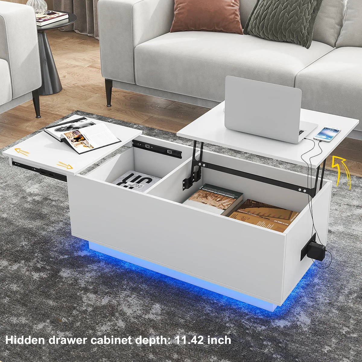 LED Coffee Table Lift Top End Table with with Charging Station and Storage Space Modern Rectangle Cocktail Tables Sofa Side Dining Table - Image 2