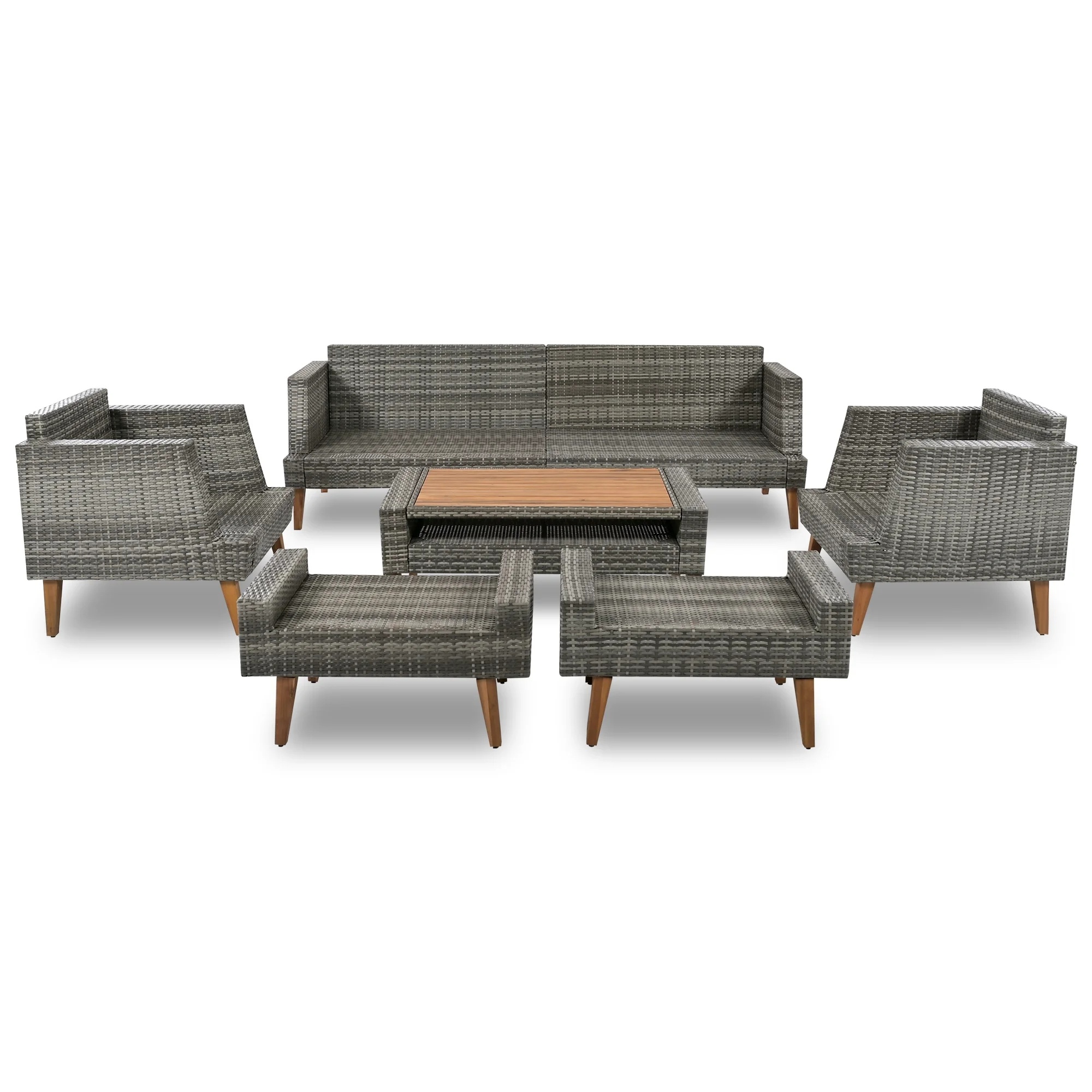 6 Pieces Wicker Patio Furniture Set Outdoor Conversation Set, All Weather PE Rattan Sectional Sofa Couch with Storage Table and Cushions, Beige - Image 8