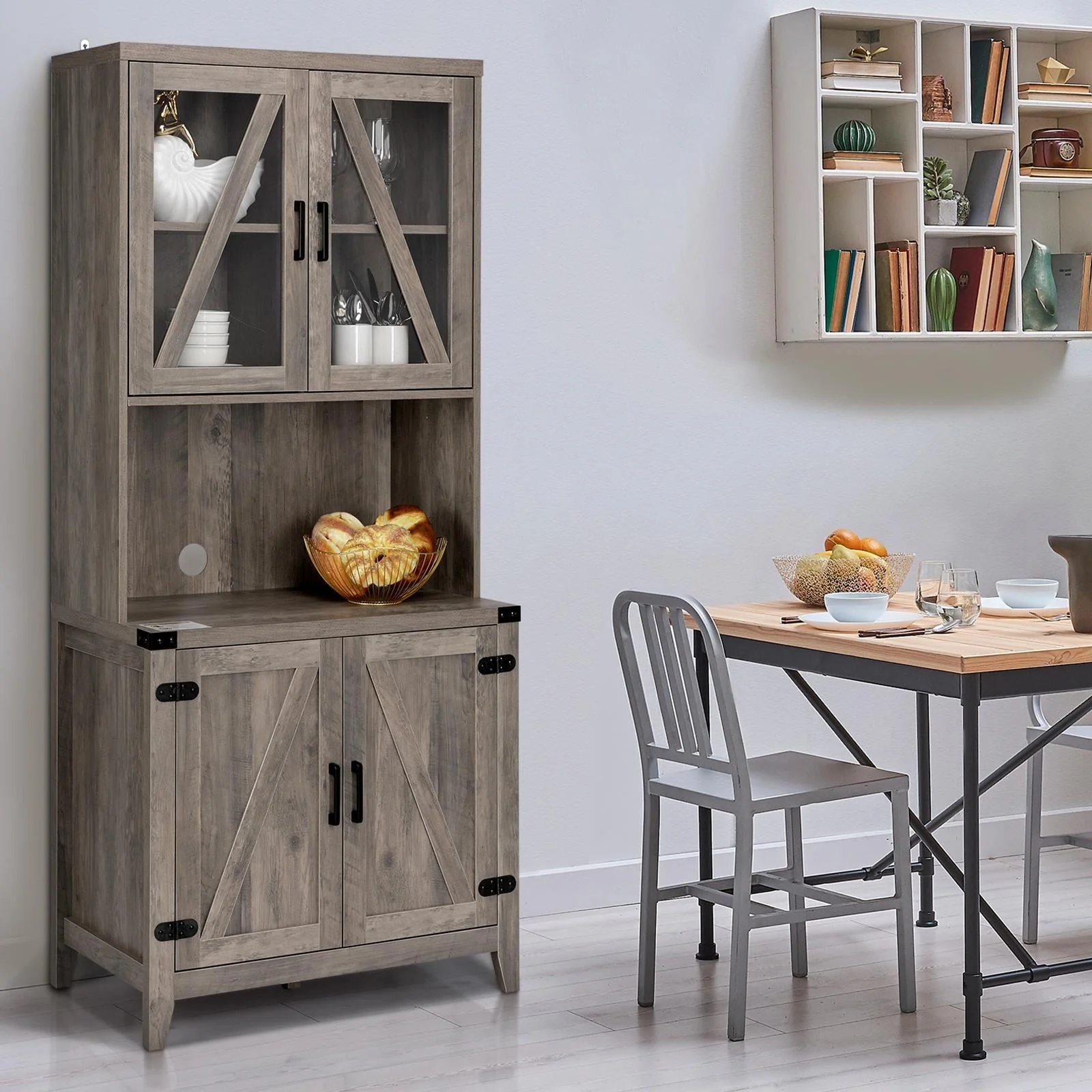 Freestanding Rustic Kitchen Buffet with Hutch, Pantry Storage Cabinet with Adjustable Shelf Grey Oak - Image 3