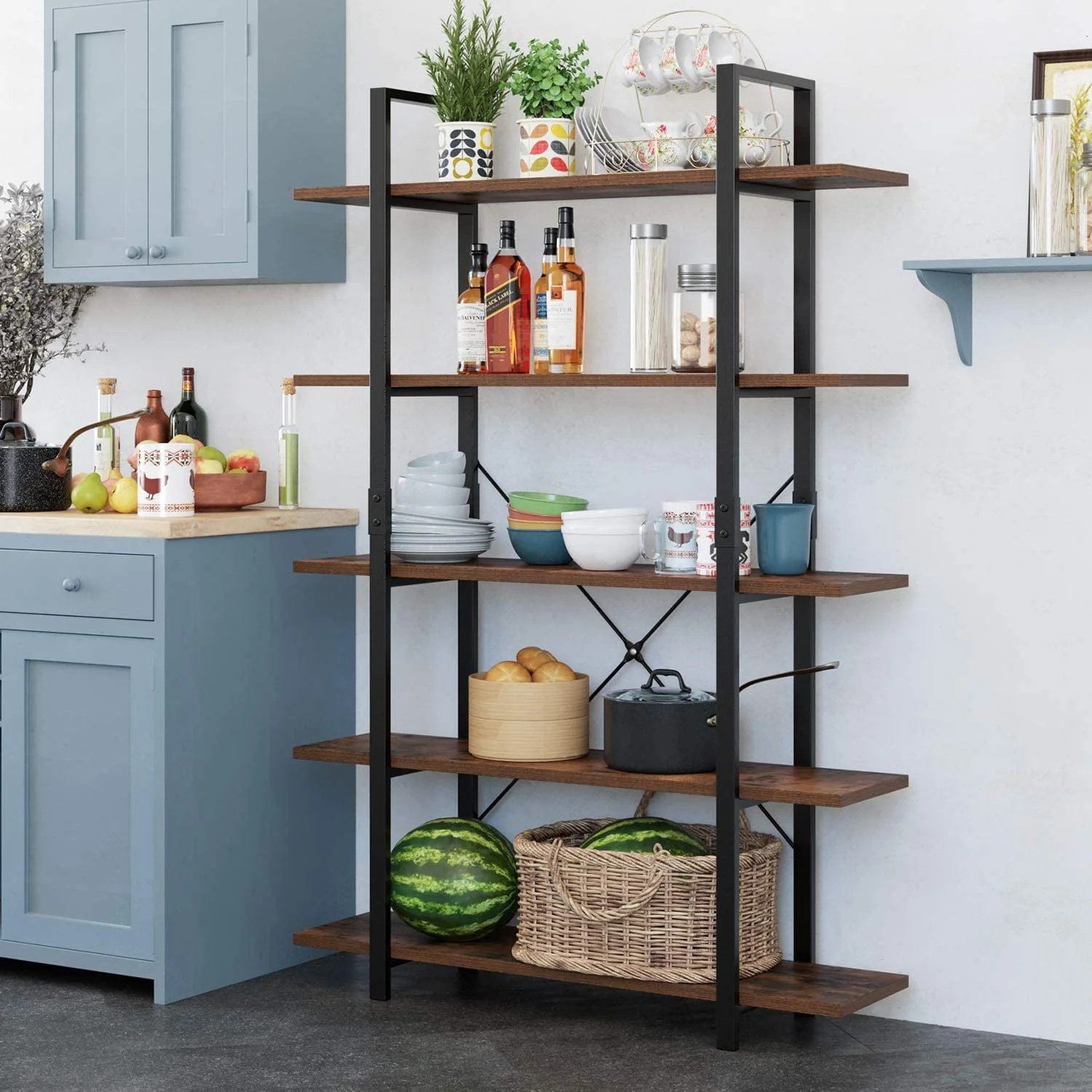 Homfa Industrial 5 Tier Storage Bookshelf , Wood Bookcase Shelf Unit with Metal Frame for Home Office Living Room, Rustic Brown - Image 6