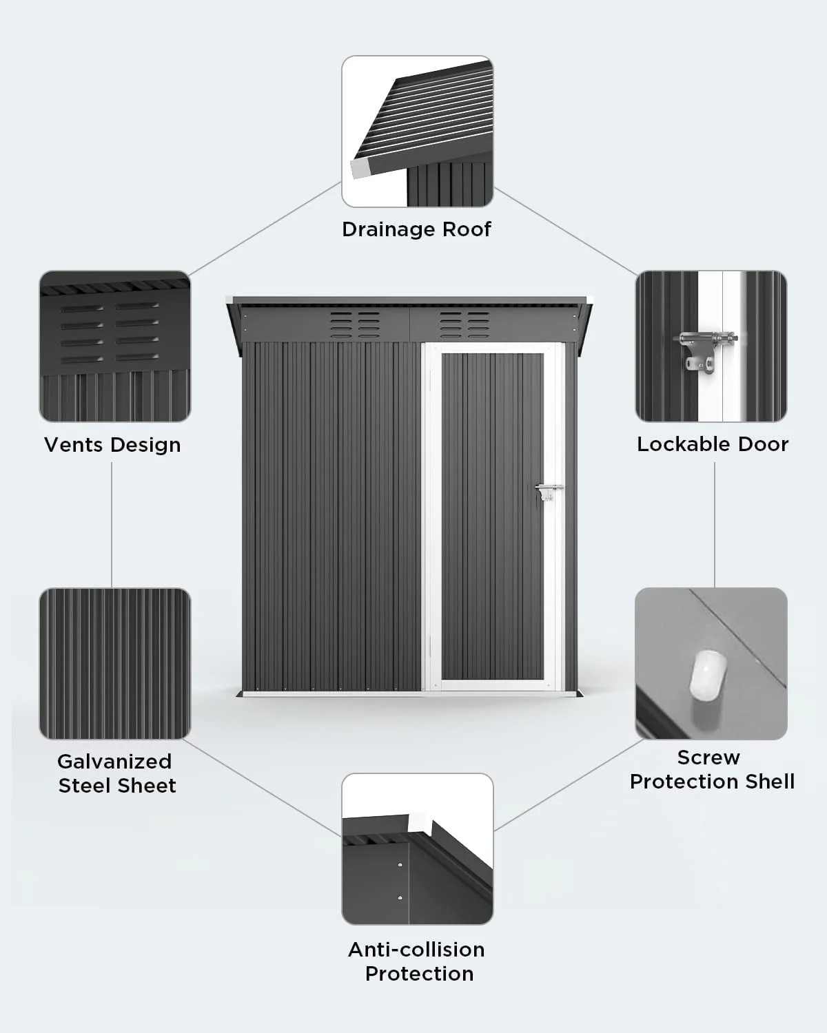 5' x 3' Outdoor Storage Shed, Metal Outdoor Storage Cabinet with Single Lockable Door, Waterproof Tool Shed,Gray - Image 2
