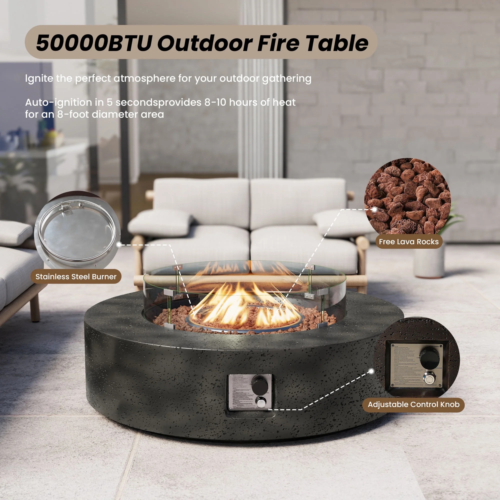 VENTOPYR 40.5-inch Outdoor Propane Fire Pit Coffee Table w Concrete Round Base Patio Heater, 50,000 BTU Stainless Steel Burner, Free Lava Rocks, Wind Guard, Rain Cover - Image 20
