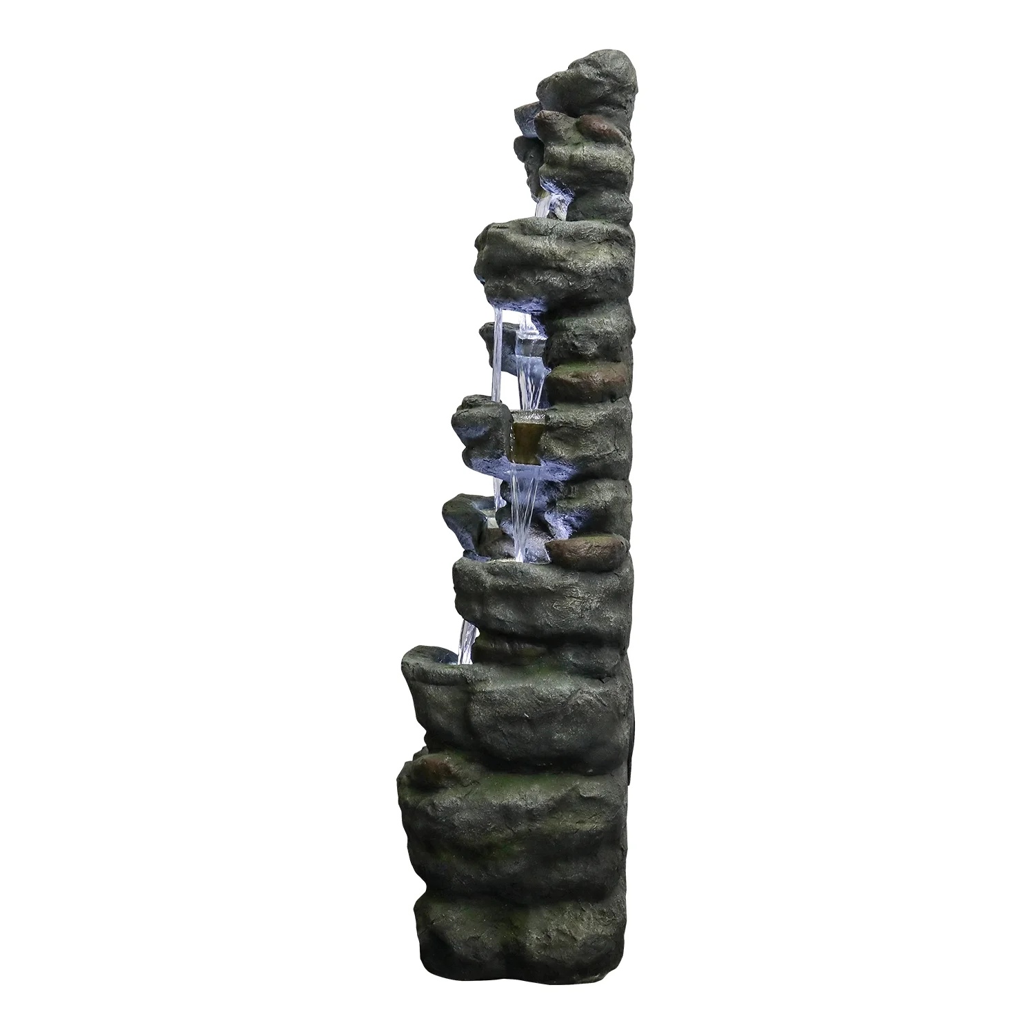 51" H Outdoor Water Fountain - 7-Tiers Rock Waterfall Fountain with LED Lights for Home Garden Decor - Image 8