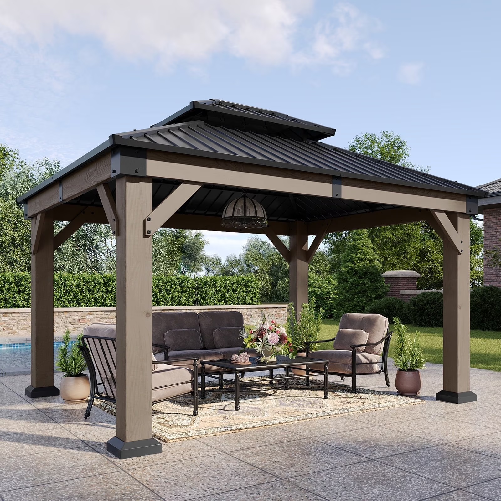 Aoxun 12' x 16' Outdoor Wood Gazebo, Hardtop Gazebo Permanent Wooden Pavilion with Galvanized Steel Double Roof, for Patio, Garden, Backyard, Cedar Wood - Image 7