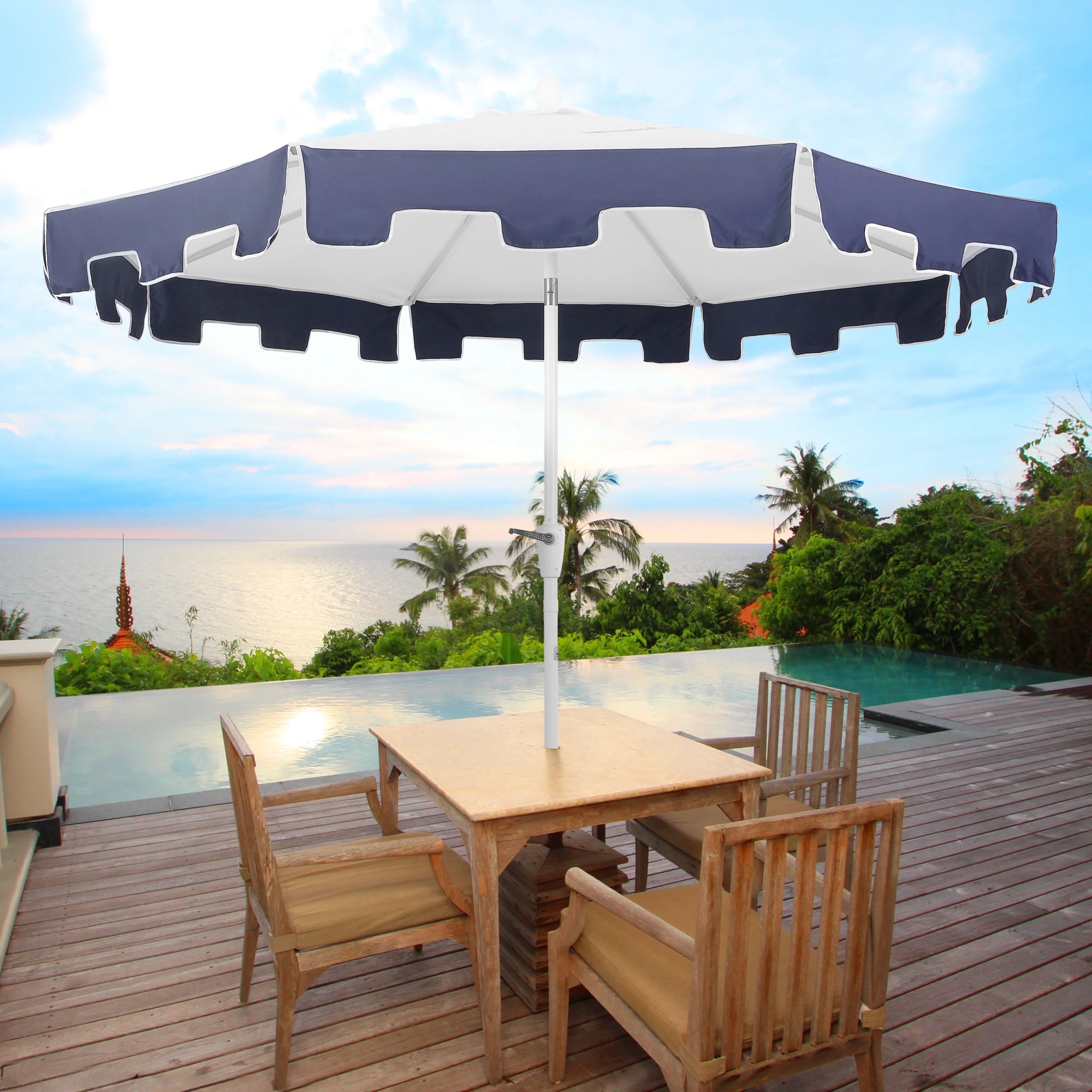 JONATHAN Y Baiona 9 ft. Market Patio Umbrella, Classic Mid-Century with UV Protection, Auto-Tilt, Crank and Wind Vent, White/Coral Pink - Image 29