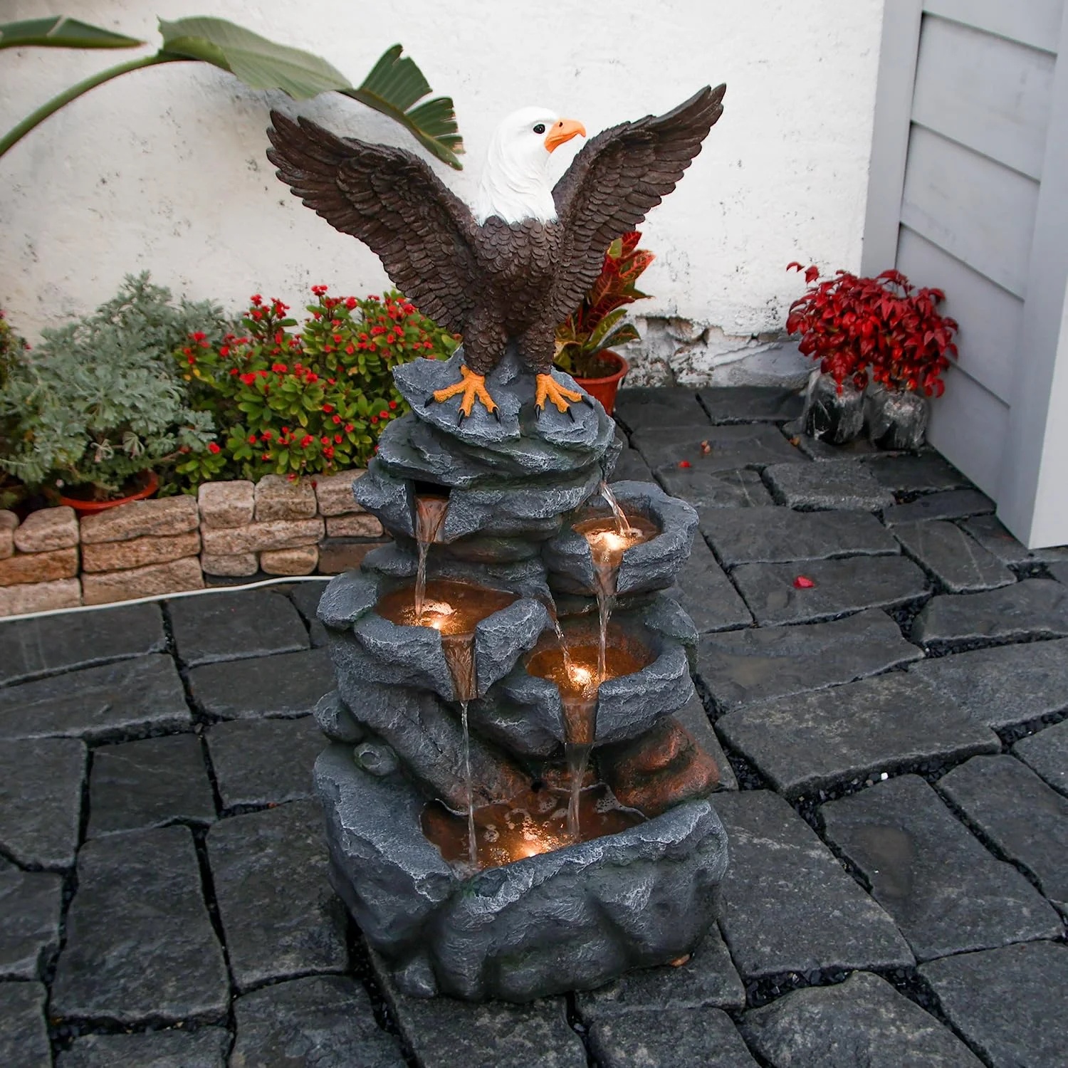 Bald Eagle Statue Outdoor Fountain Tiered Cascading Rock Water Feature for Garden Patio Backyard Porch Deck 38.58" Tall Outdoor Waterfall Sculpture Elegant Garden Decor - Image 2