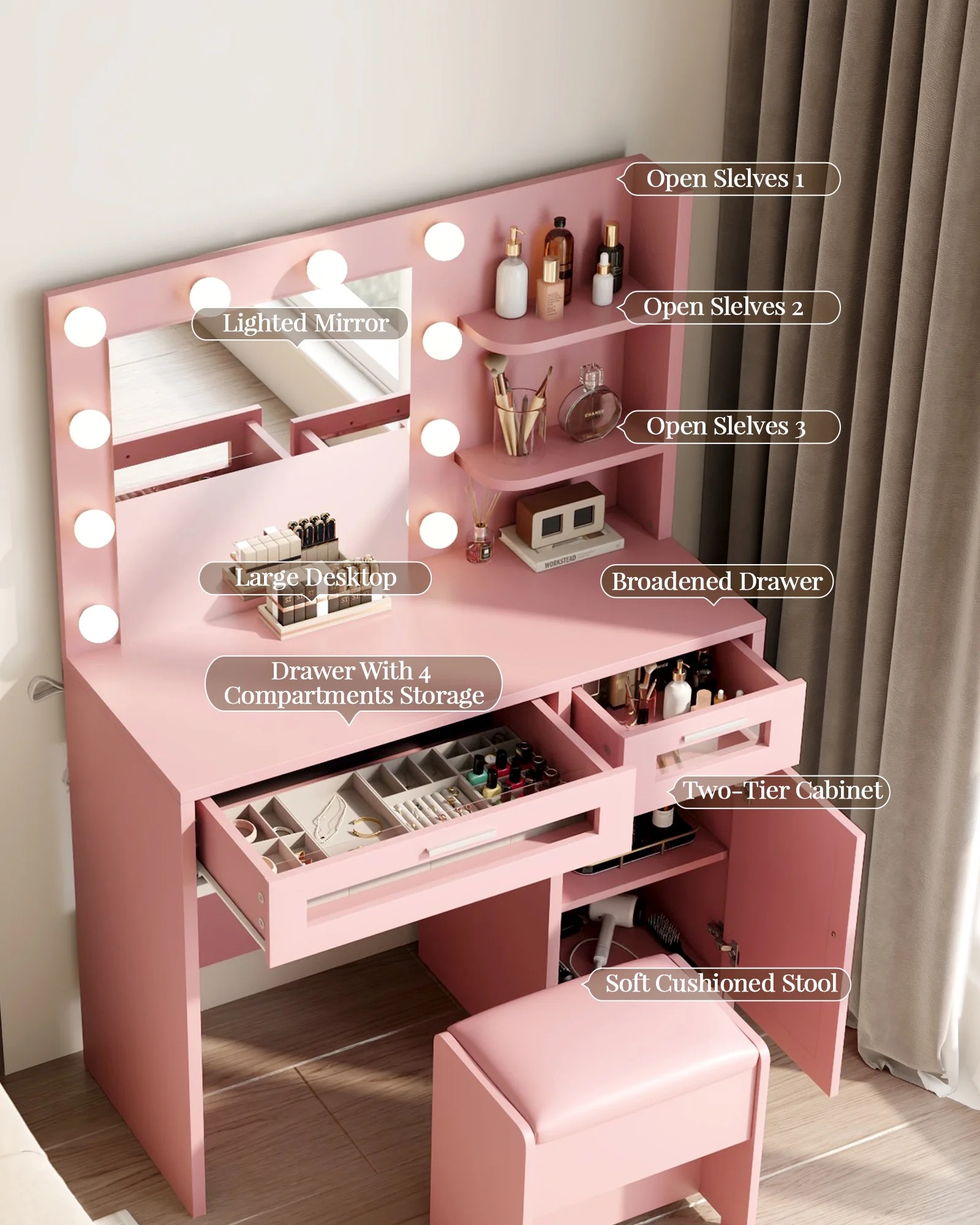 LIVELYGLOW Vanity Desk with Mirror and Lights, Makeup Vanity with Drawer & Storage Shelves, Cabinet, 3 Lighting Modes Adjustable Brightness,White - Image 19
