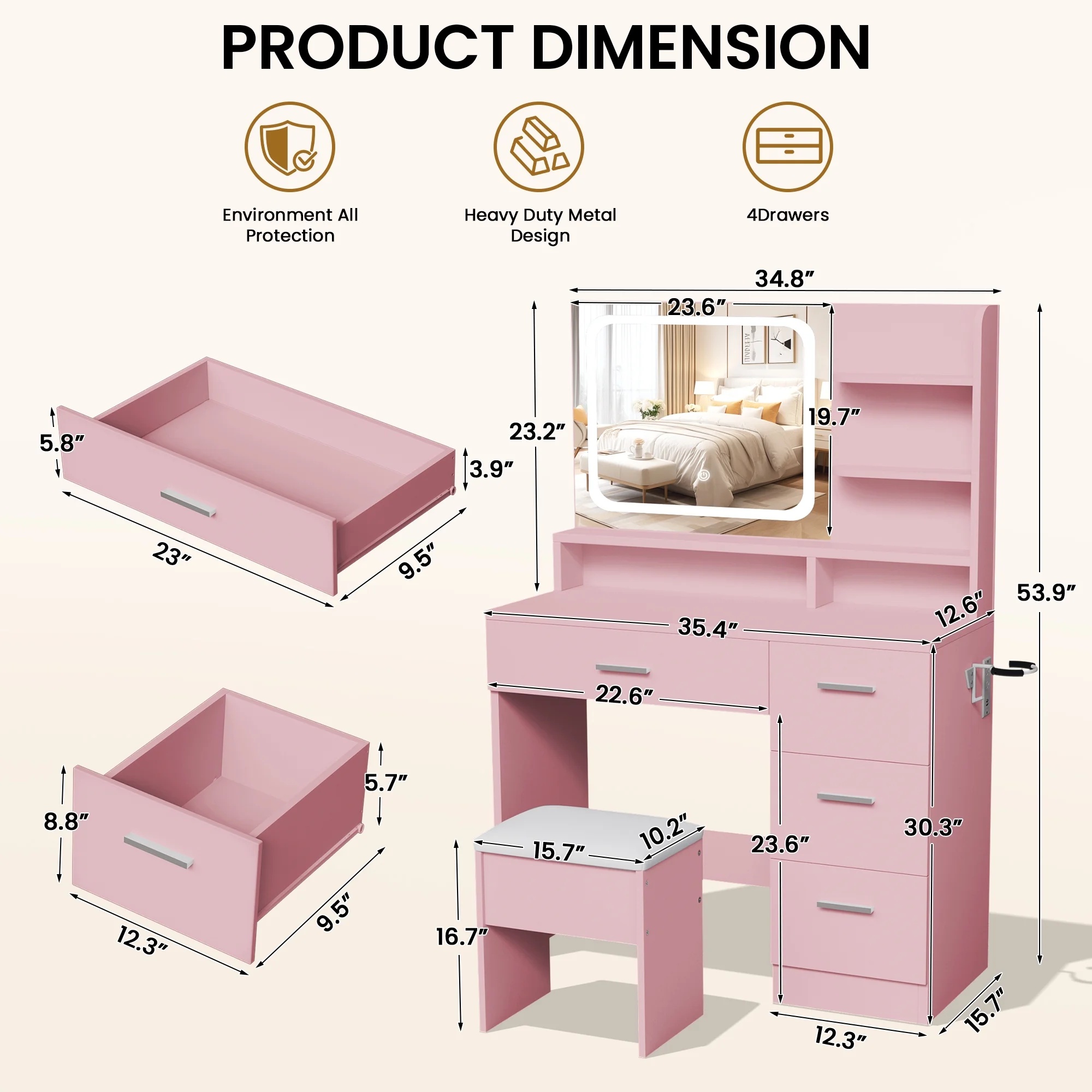 LIVELYGLOW Vanity Desk with Mirror and Lights, Makeup Vanity with Drawer & Storage Shelves, Cabinet, 3 Lighting Modes Adjustable Brightness,White - Image 23