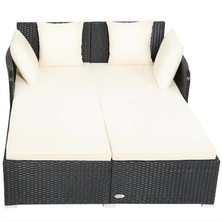 Veryke Outdoor Patio Wicker Daybed Double Chaise Lounge with Cushion, Recliner Chair for Patio Furniture - Beige - Image 8