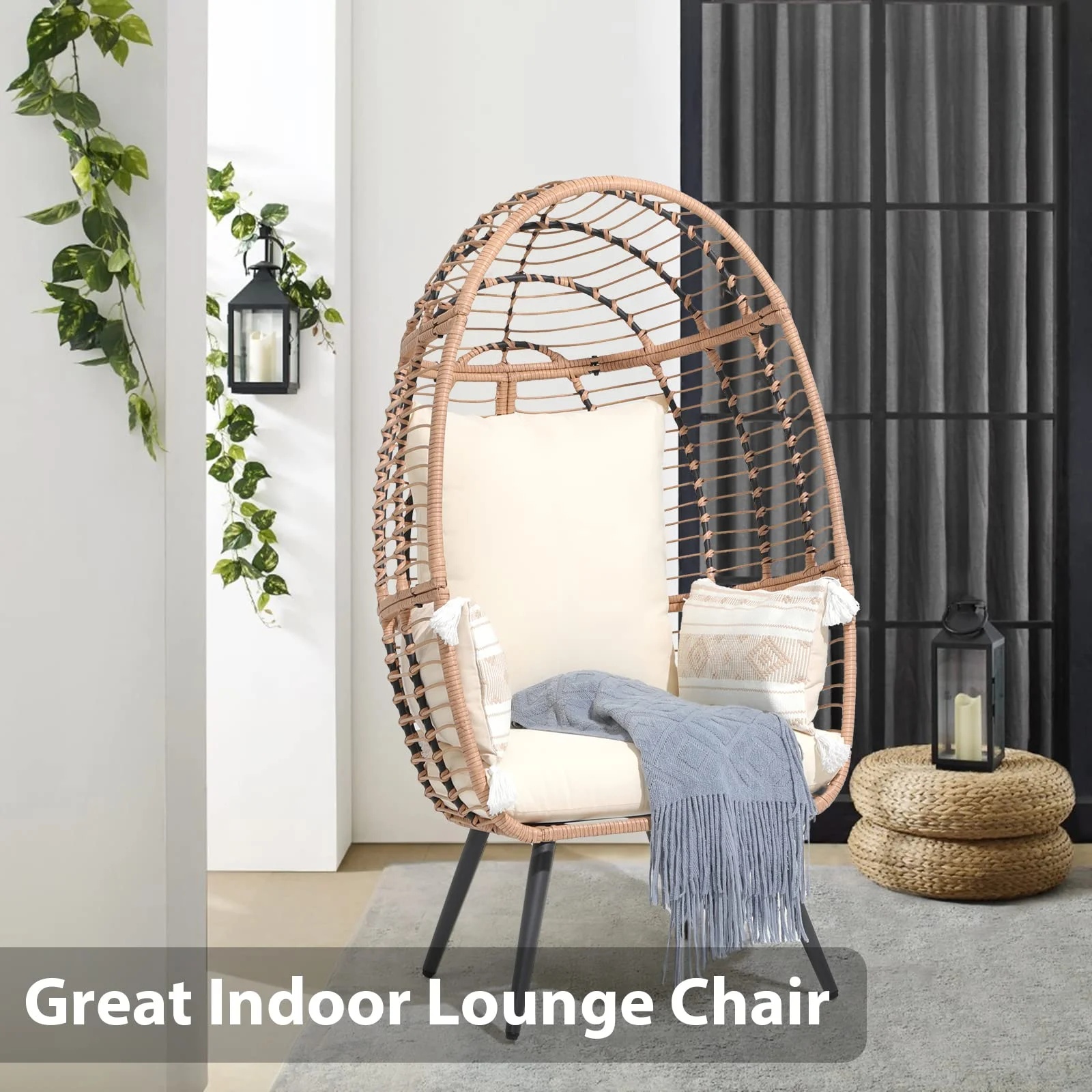 Indoor Outdoor Swing Egg Chair with Stand, Patio Foldable Grey Wicker Rattan Hanging Chair with Cushion, Light Gray - Image 36