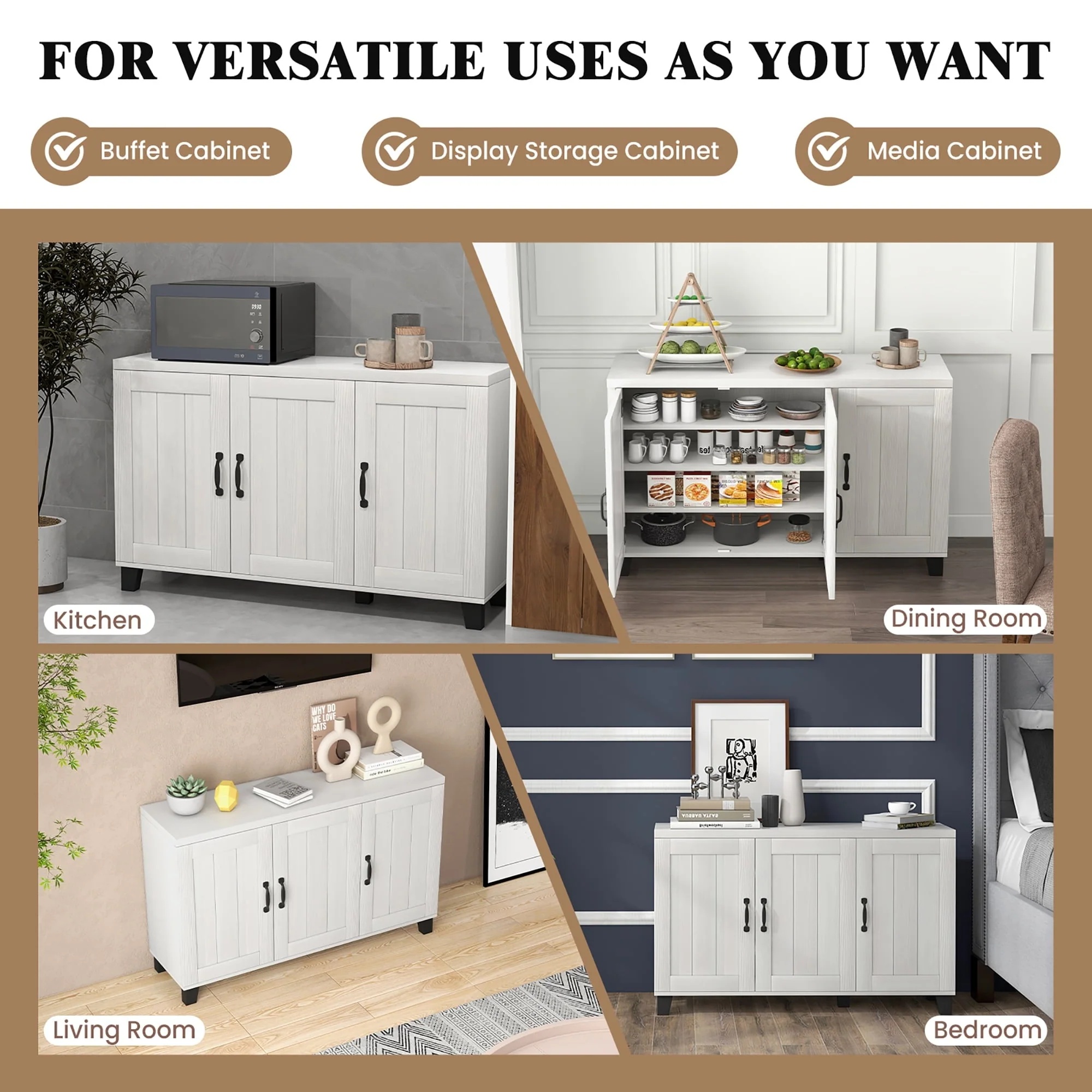 Costway 3-Door Buffet Sideboard Storage Credenza Cabinet Console Adjustable Shelf White Wash - Image 10