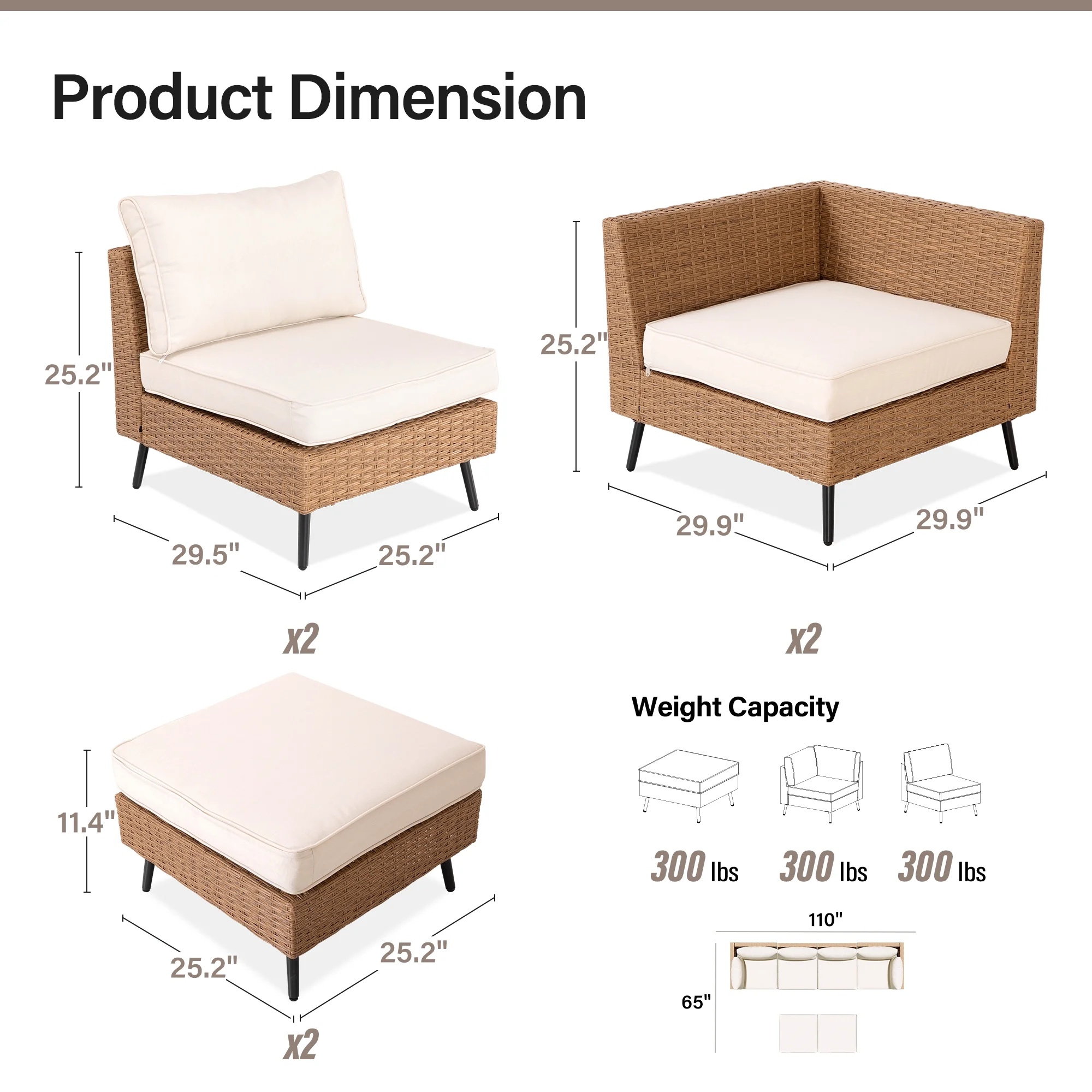 LAUSAINT HOME 6 Pieces Outdoor Furniture Set, Patio Rattan Wicker Sectionals with 4 Chairs and 2 Ottomans, Beige Cushions - Image 9