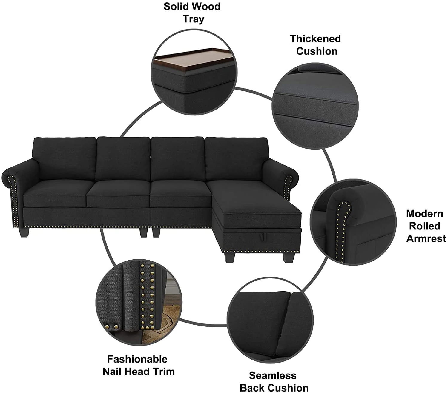 Nolany Reversible Sectional Couch L Shaped Sofa Set with Storage Tray Ottoman for Small Space and Living Room, Dark Grey - Image 3